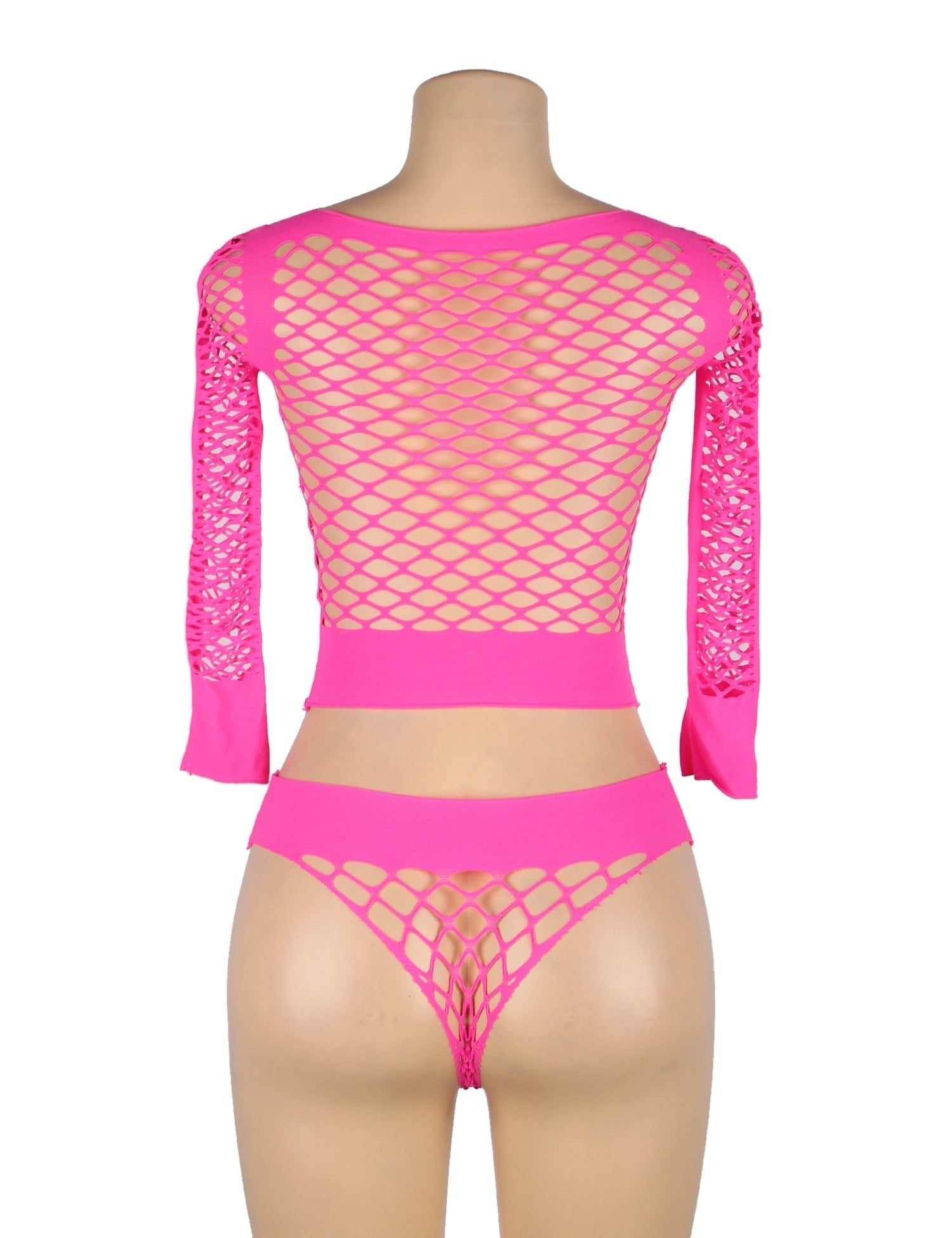 Pink Diamond Mesh Long - Sleeve Crop Top & Mid - Rise Shorts Set - TeaseFashion