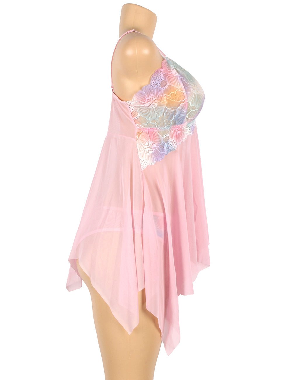 Pink Digital Lace Print Mesh Babydoll with Front Split & Matching Printed Panties - TeaseFashion