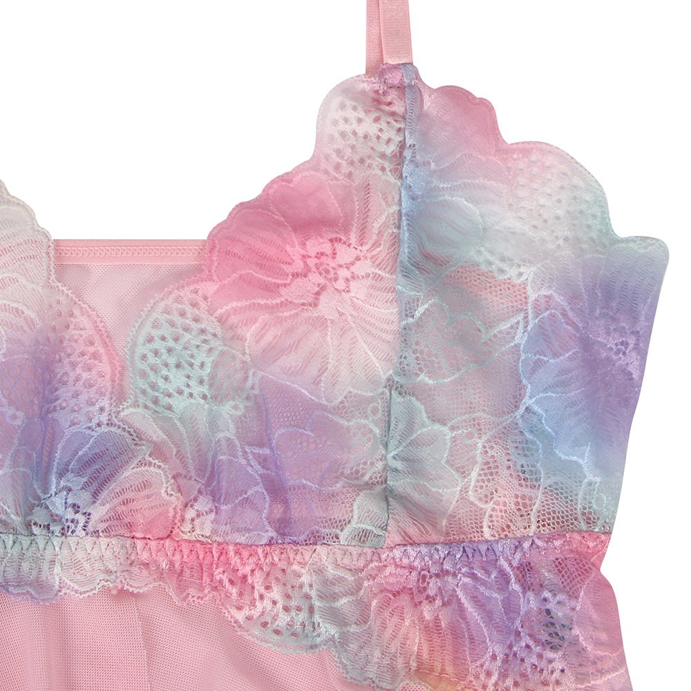 Pink Digital Lace Print Mesh Babydoll with Front Split & Matching Printed Panties - TeaseFashion