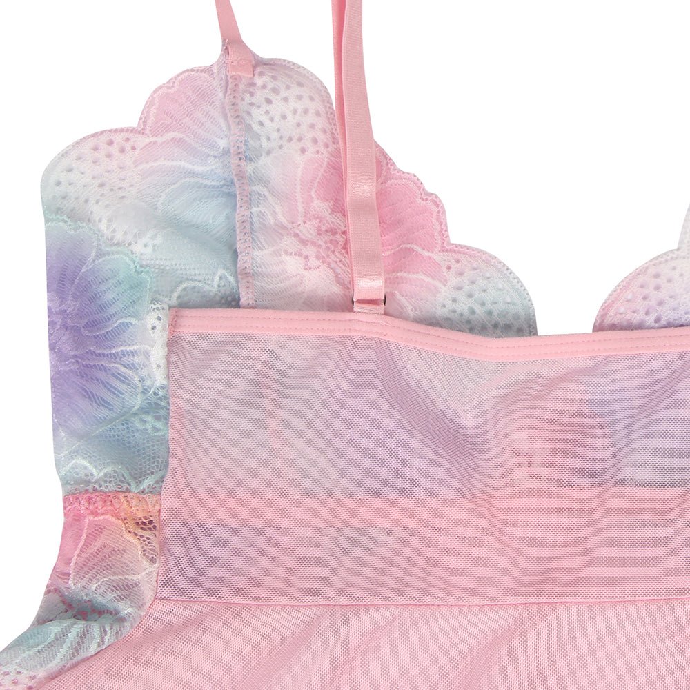 Pink Digital Lace Print Mesh Babydoll with Front Split & Matching Printed Panties - TeaseFashion