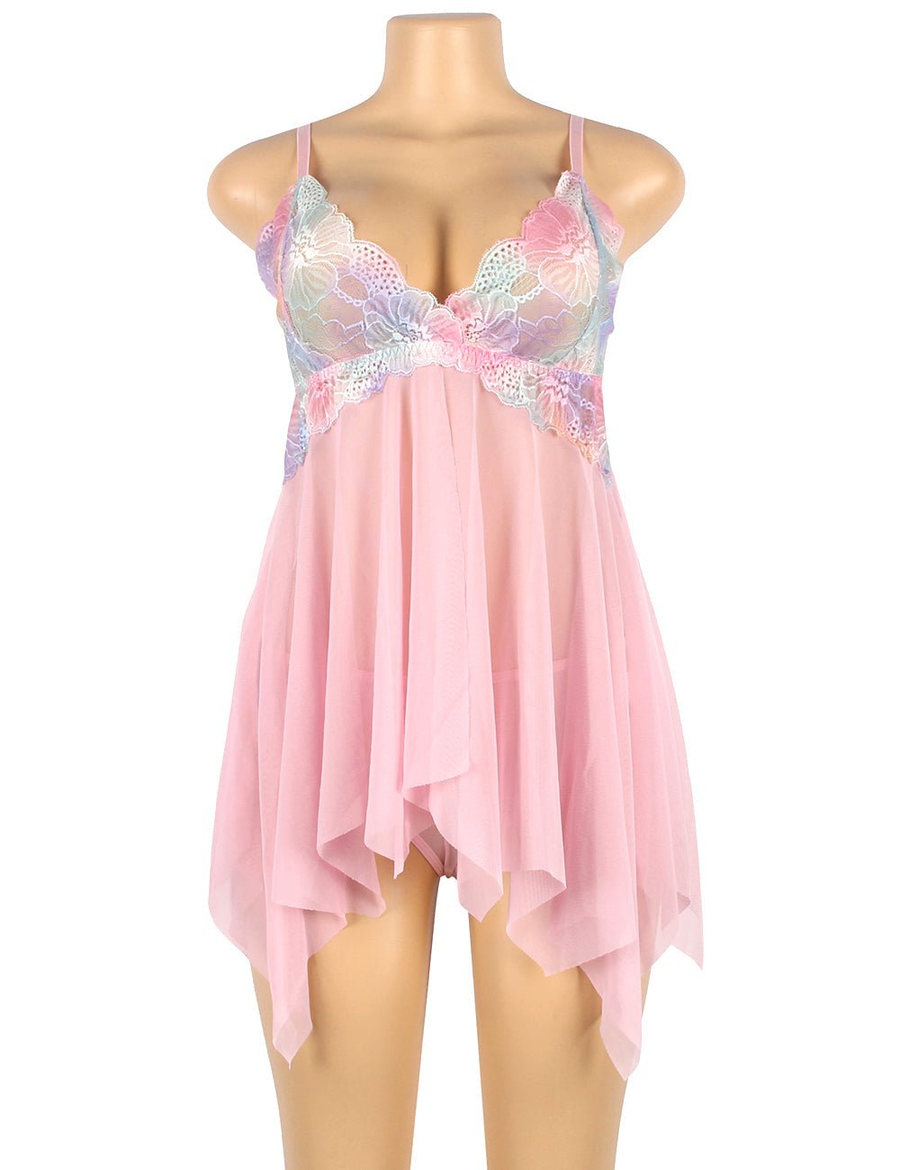 Pink Digital Lace Print Mesh Babydoll with Front Split & Matching Printed Panties - TeaseFashion