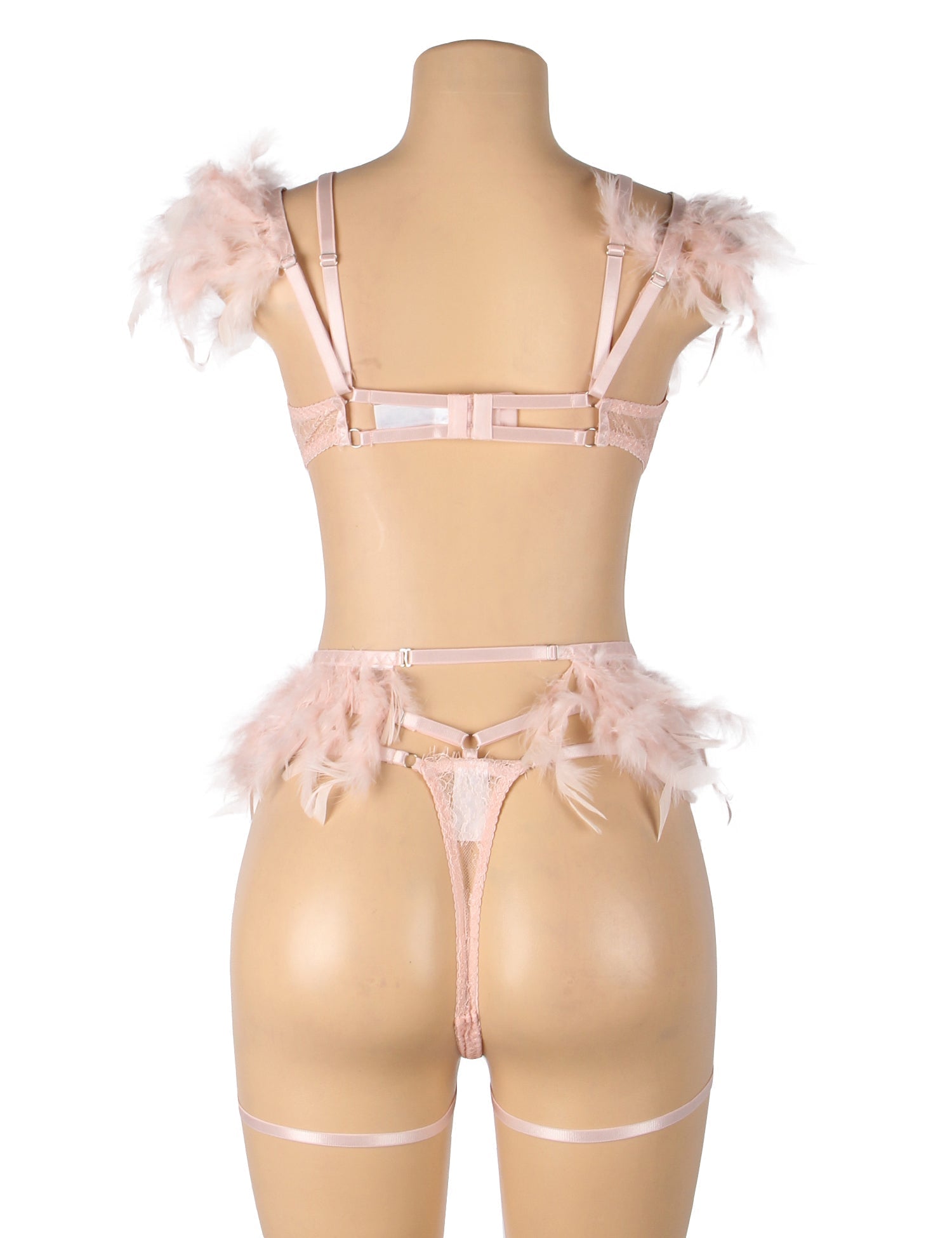 Pink Feather, Lace & Chain Bra Garter Set – Eyelash Lace & Underwire - TeaseFashion
