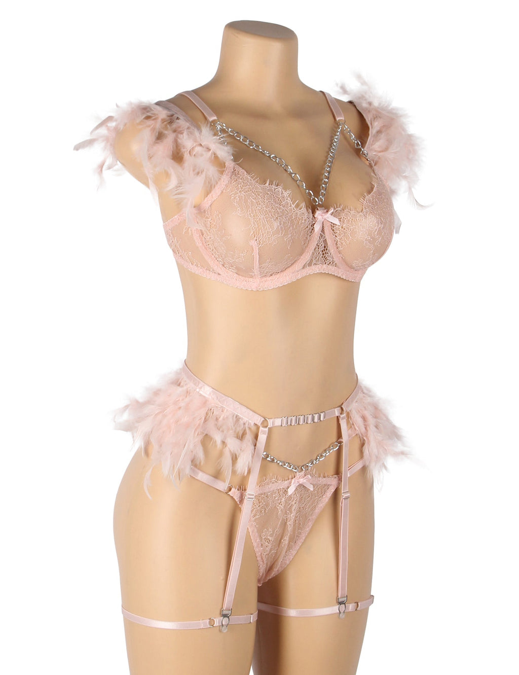 Pink Feather, Lace & Chain Bra Garter Set – Eyelash Lace & Underwire - TeaseFashion