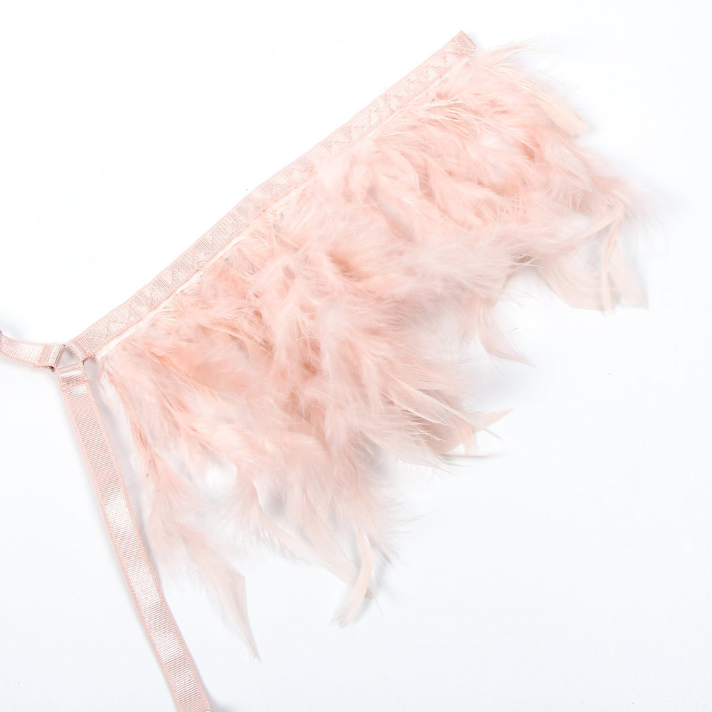 Pink Feather, Lace & Chain Bra Garter Set – Eyelash Lace & Underwire - TeaseFashion