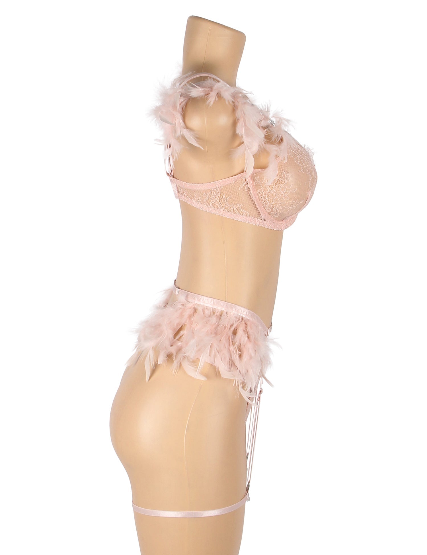 Pink Feather, Lace & Chain Bra Garter Set – Eyelash Lace & Underwire - TeaseFashion
