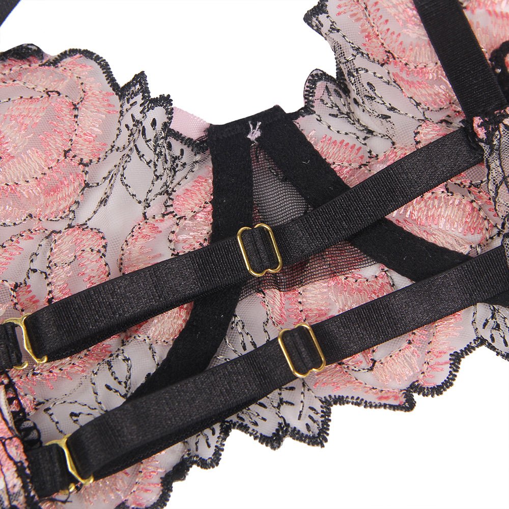 Pink Floral Embroidery Bra Garter Set – Butterfly Detail & Underwire - TeaseFashion