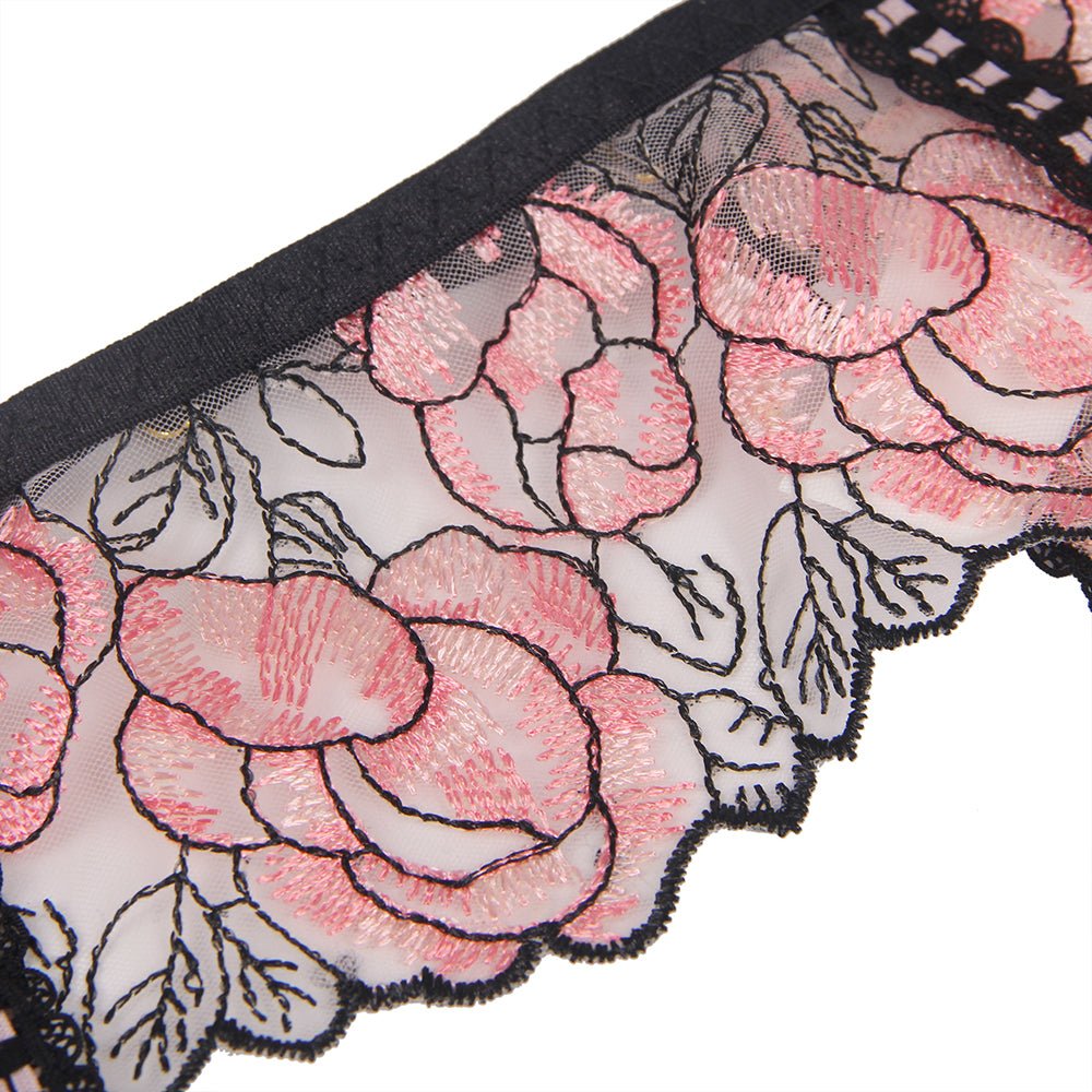 Pink Floral Embroidery Bra Garter Set – Butterfly Detail & Underwire - TeaseFashion