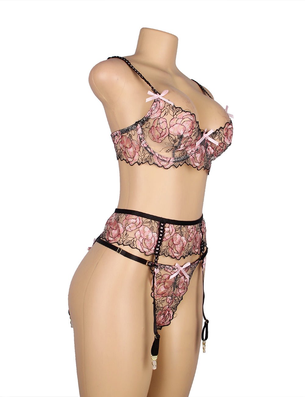 Pink Floral Embroidery Bra Garter Set – Butterfly Detail & Underwire - TeaseFashion