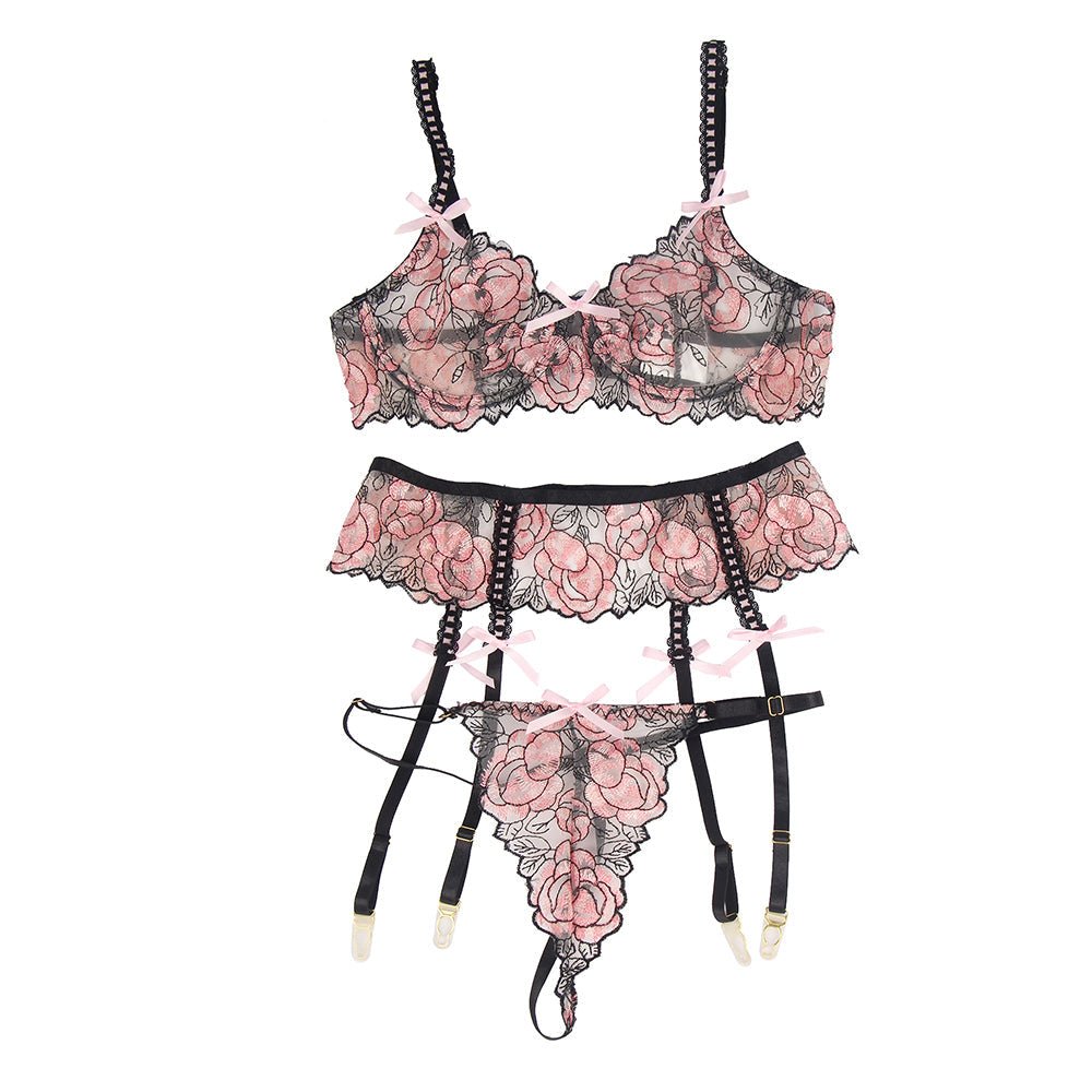 Pink Floral Embroidery Bra Garter Set – Butterfly Detail & Underwire - TeaseFashion