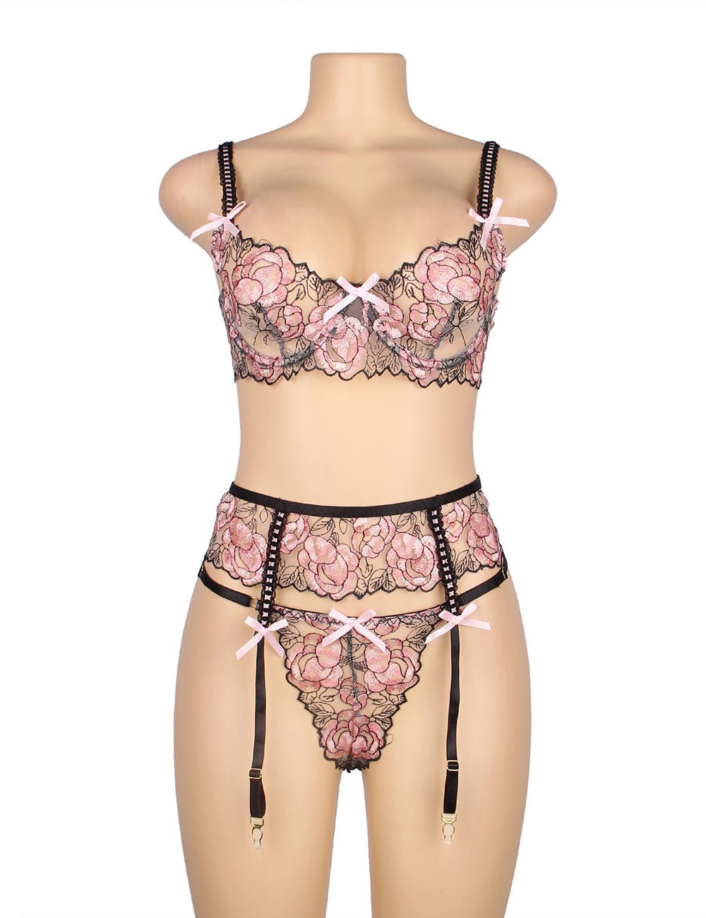 Pink Floral Embroidery Bra Garter Set – Butterfly Detail & Underwire - TeaseFashion