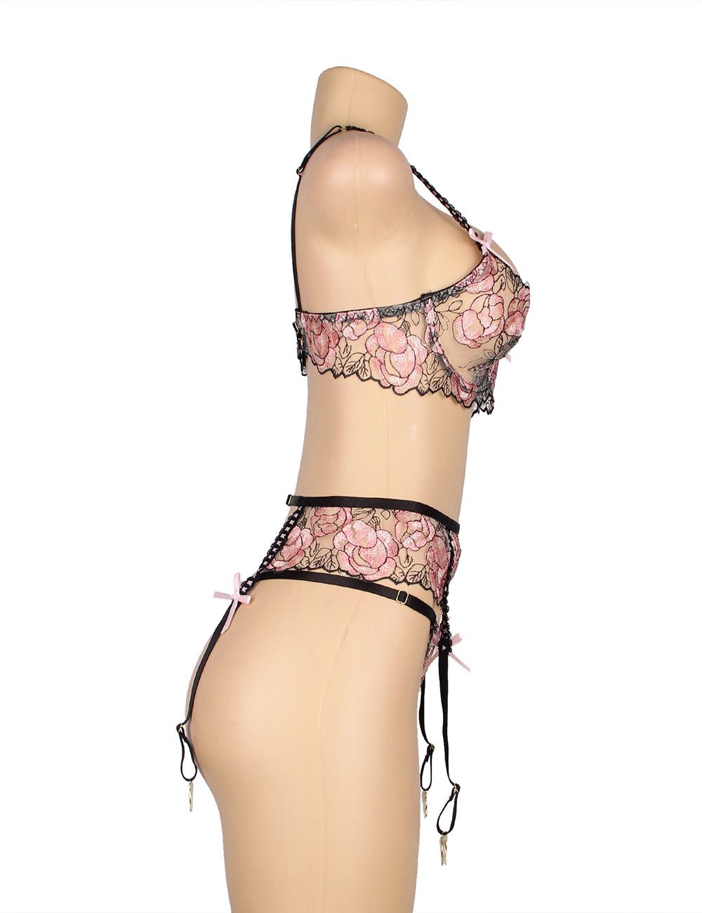 Pink Floral Embroidery Bra Garter Set – Butterfly Detail & Underwire - TeaseFashion