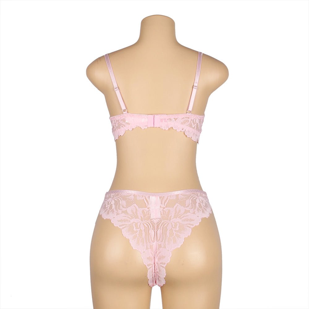 Pink Floral Lace Bra Set – Underwire & Cross Elastic Detail - TeaseFashion