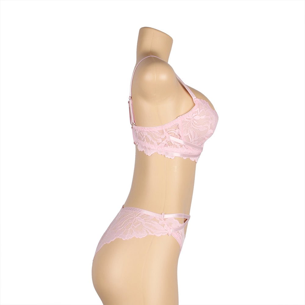 Pink Floral Lace Bra Set – Underwire & Cross Elastic Detail - TeaseFashion