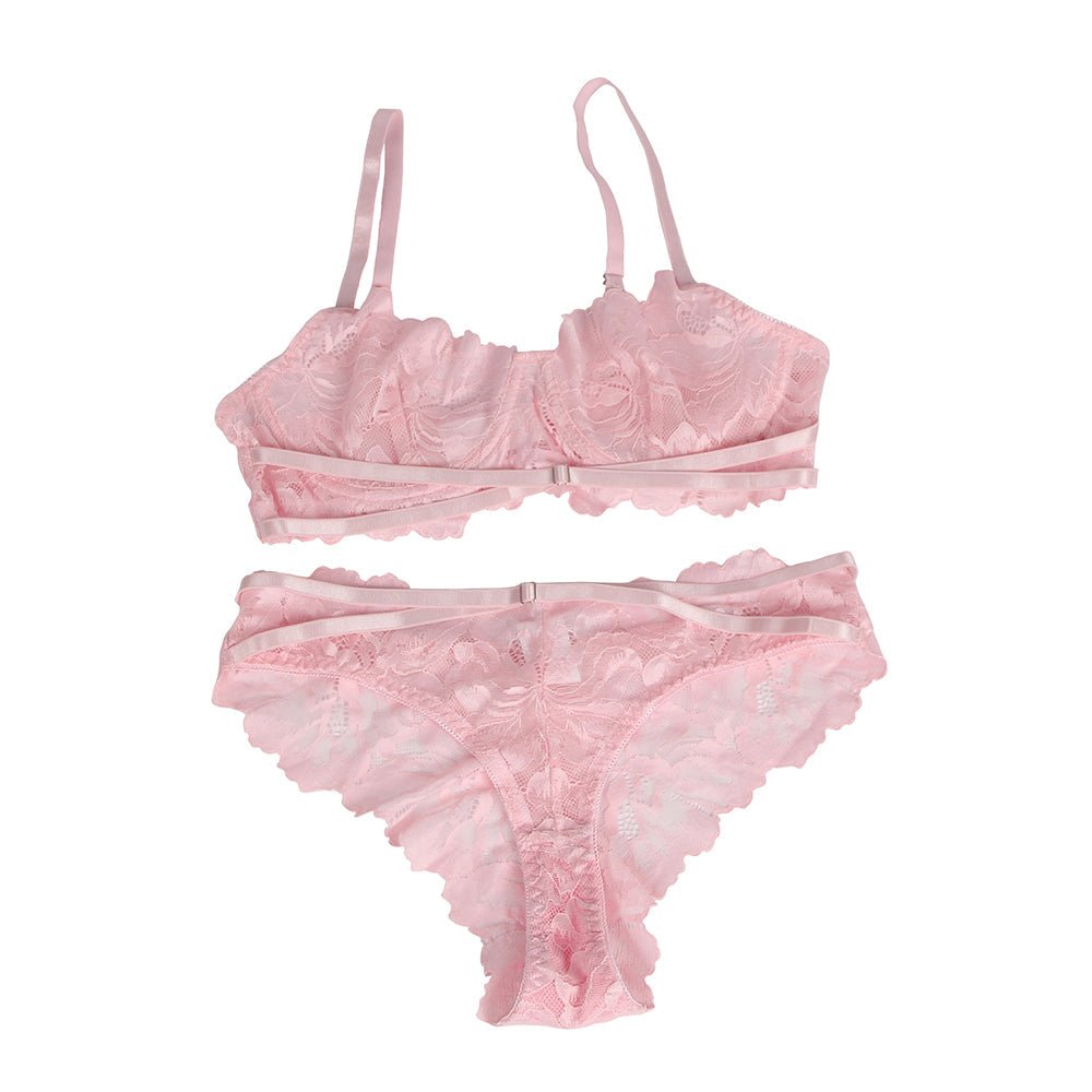 Pink Floral Lace Bra Set – Underwire & Cross Elastic Detail - TeaseFashion