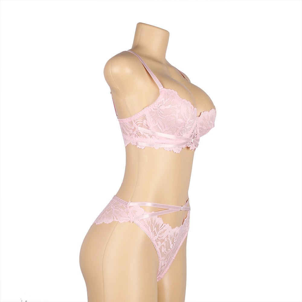 Pink Floral Lace Bra Set – Underwire & Cross Elastic Detail - TeaseFashion