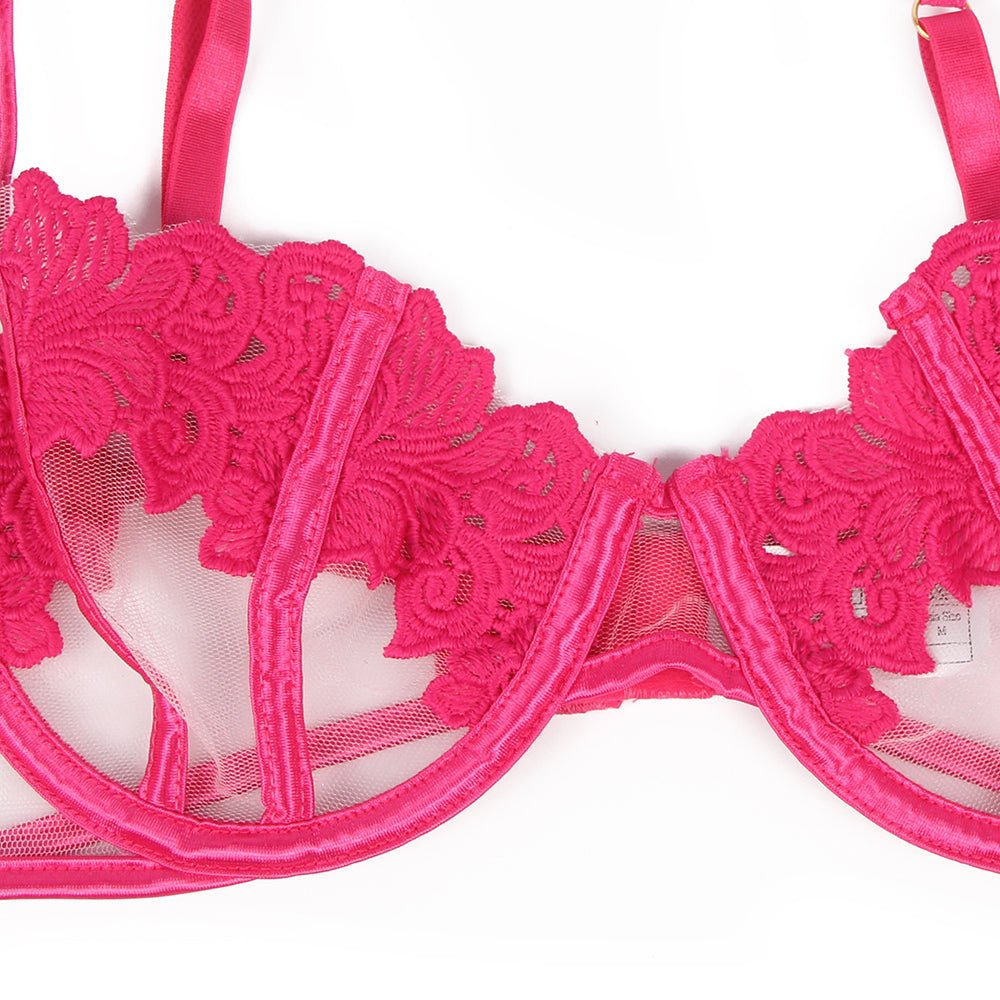 Pink Floral Mesh Embroidery Bra Garter Set – Underwire & Suspender - TeaseFashion