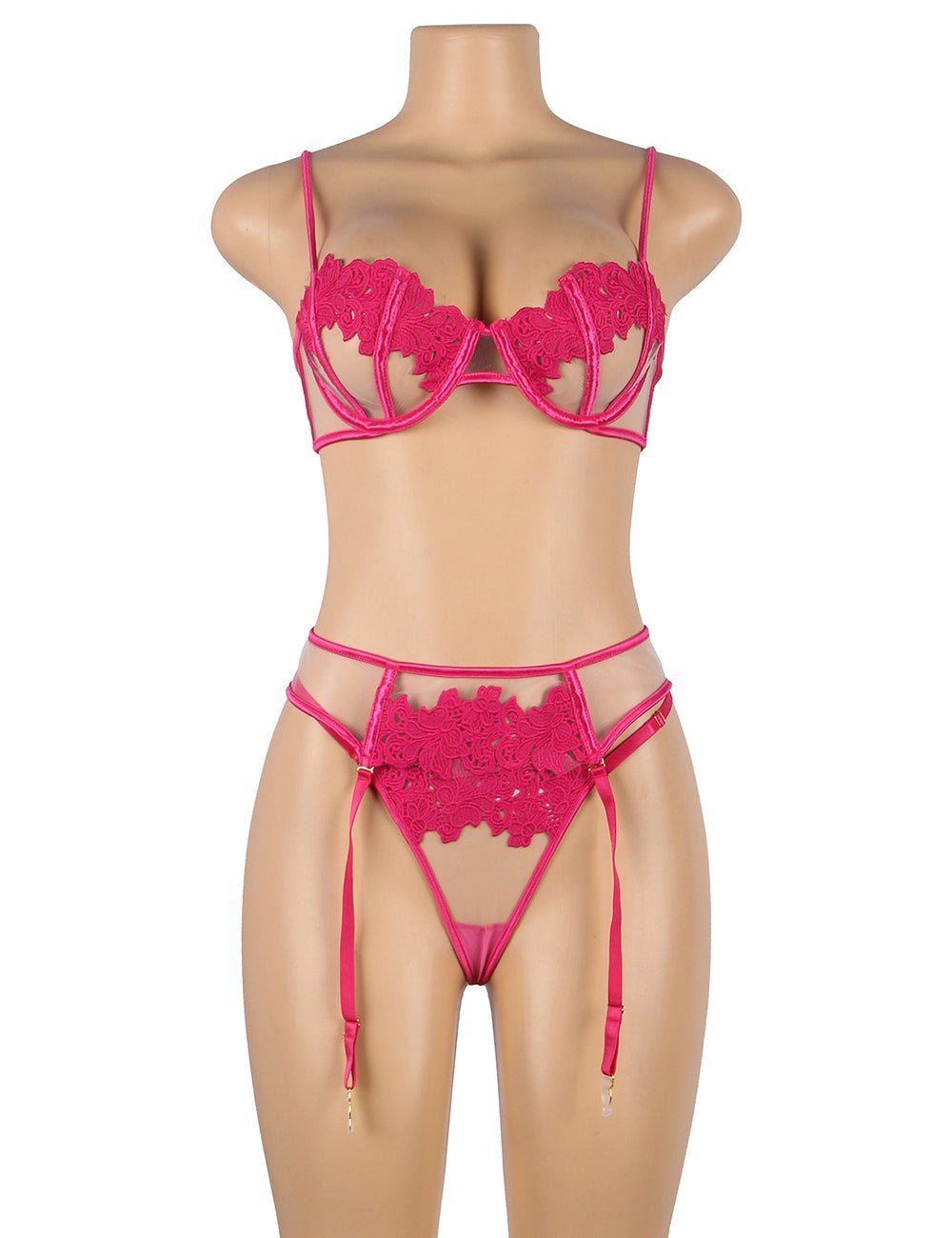 Pink Floral Mesh Embroidery Bra Garter Set – Underwire & Suspender - TeaseFashion