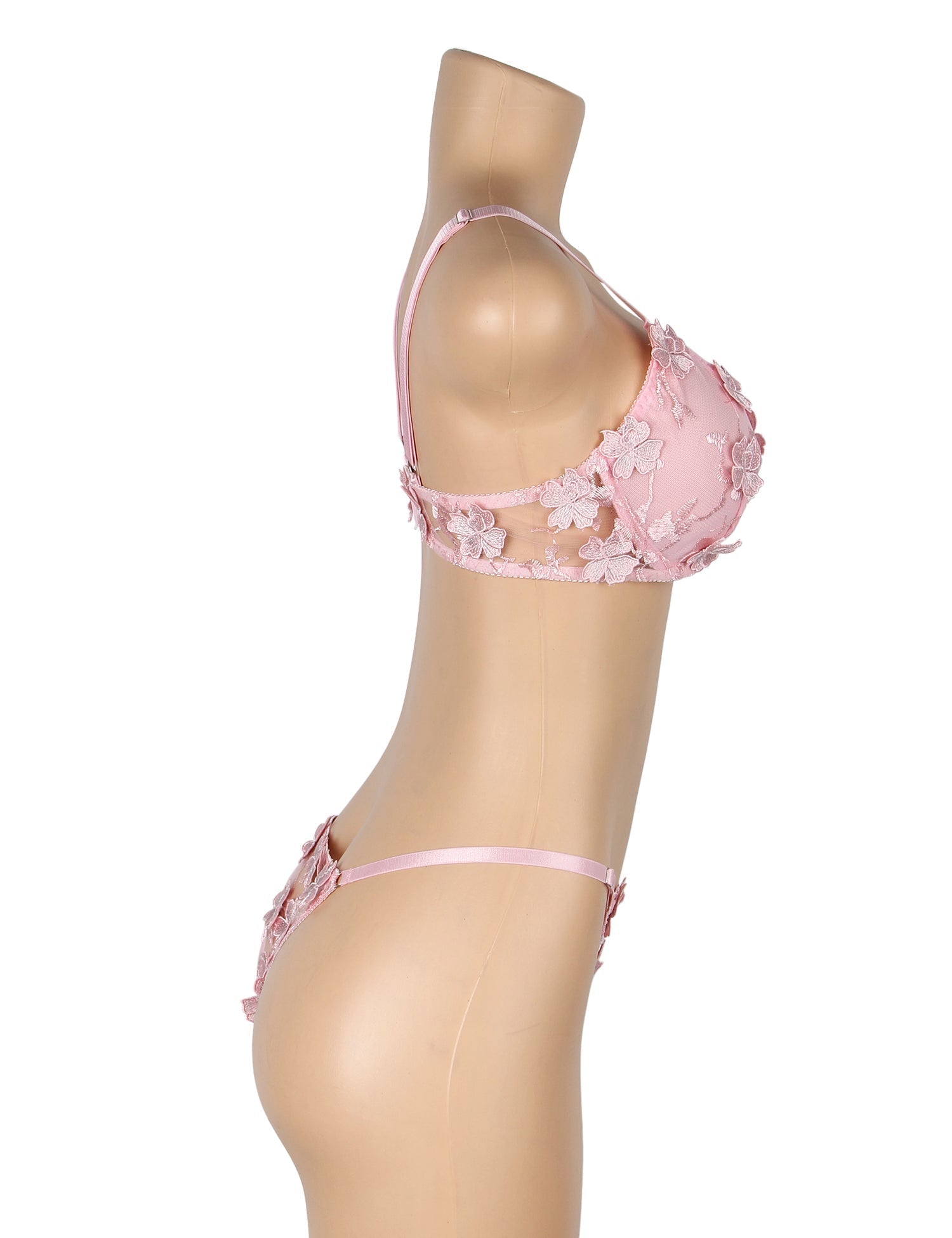 Pink Floral Mesh Embroidery Bra Set – Underwire & 3D Lace - TeaseFashion