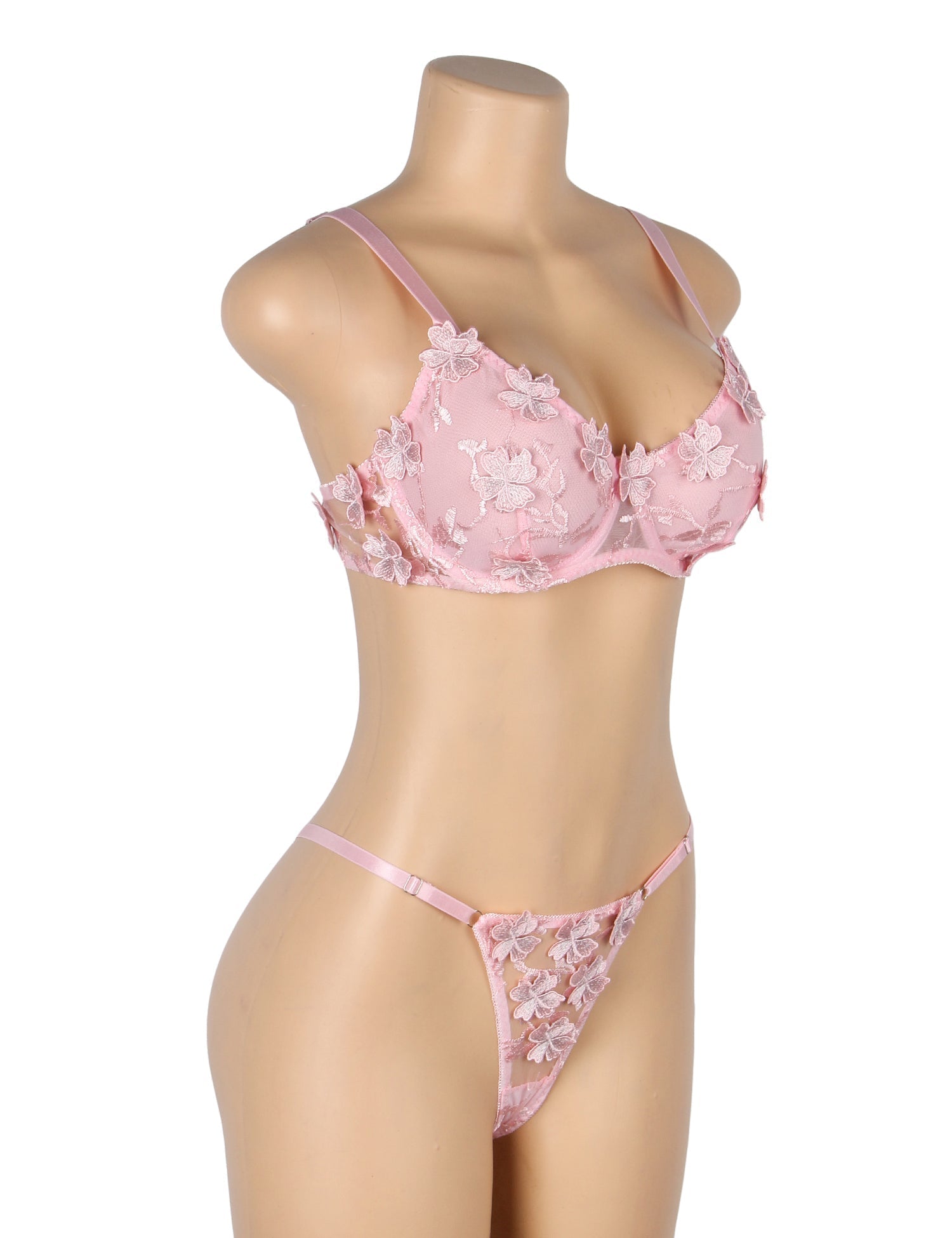 Pink Floral Mesh Embroidery Bra Set – Underwire & 3D Lace - TeaseFashion