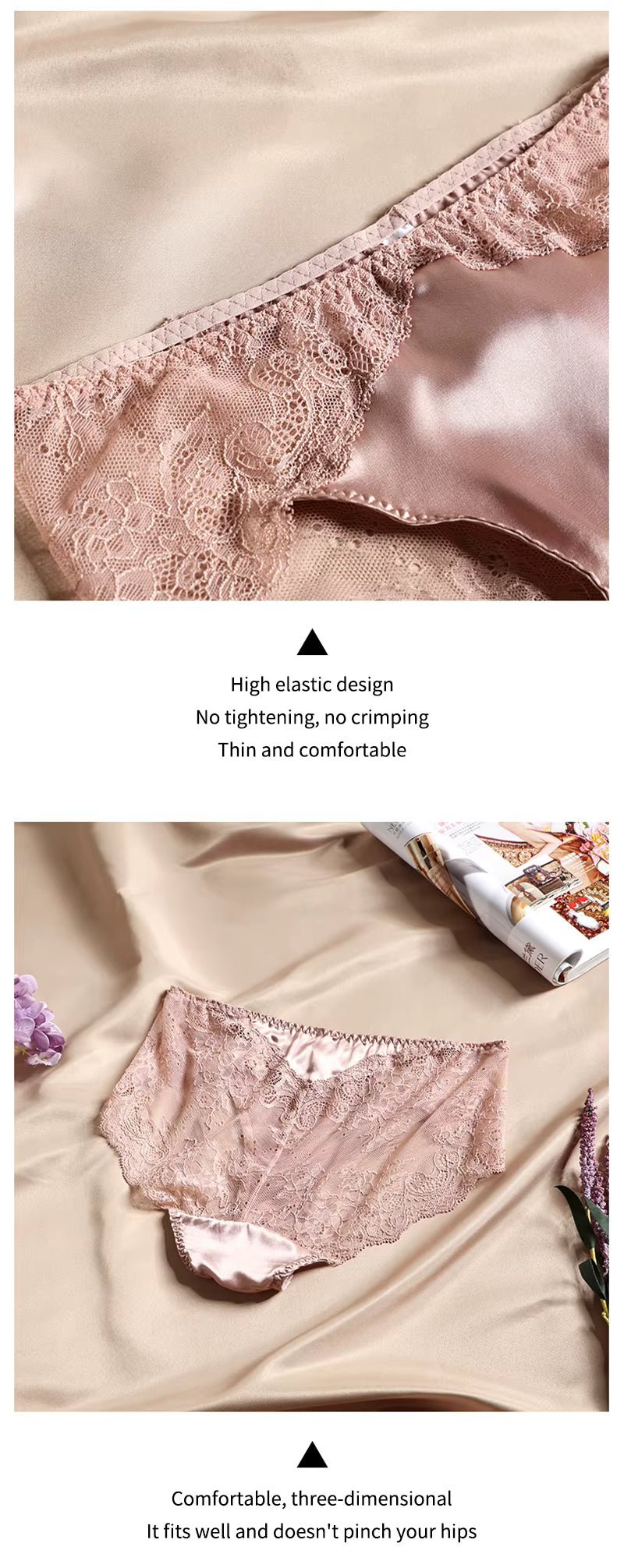 Pink French Elegant Lace Edge Floral Print Silk Brief for Soft Comfort and Feminine Everyday Luxury - TEASEFASHION