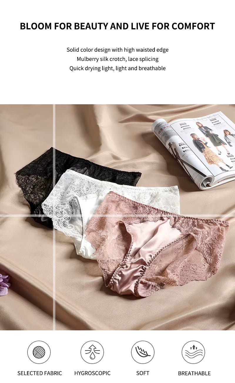 Pink French Elegant Lace Edge Floral Print Silk Brief for Soft Comfort and Feminine Everyday Luxury - TEASEFASHION