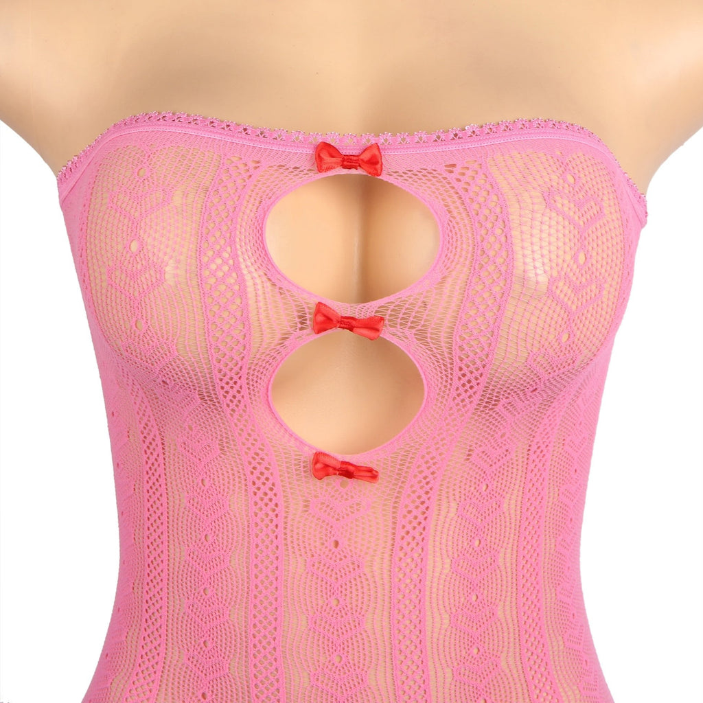 Pink Heart - Mesh Strapless Mini Skirt & Bow - Cuff Shawl Set - TeaseFashion