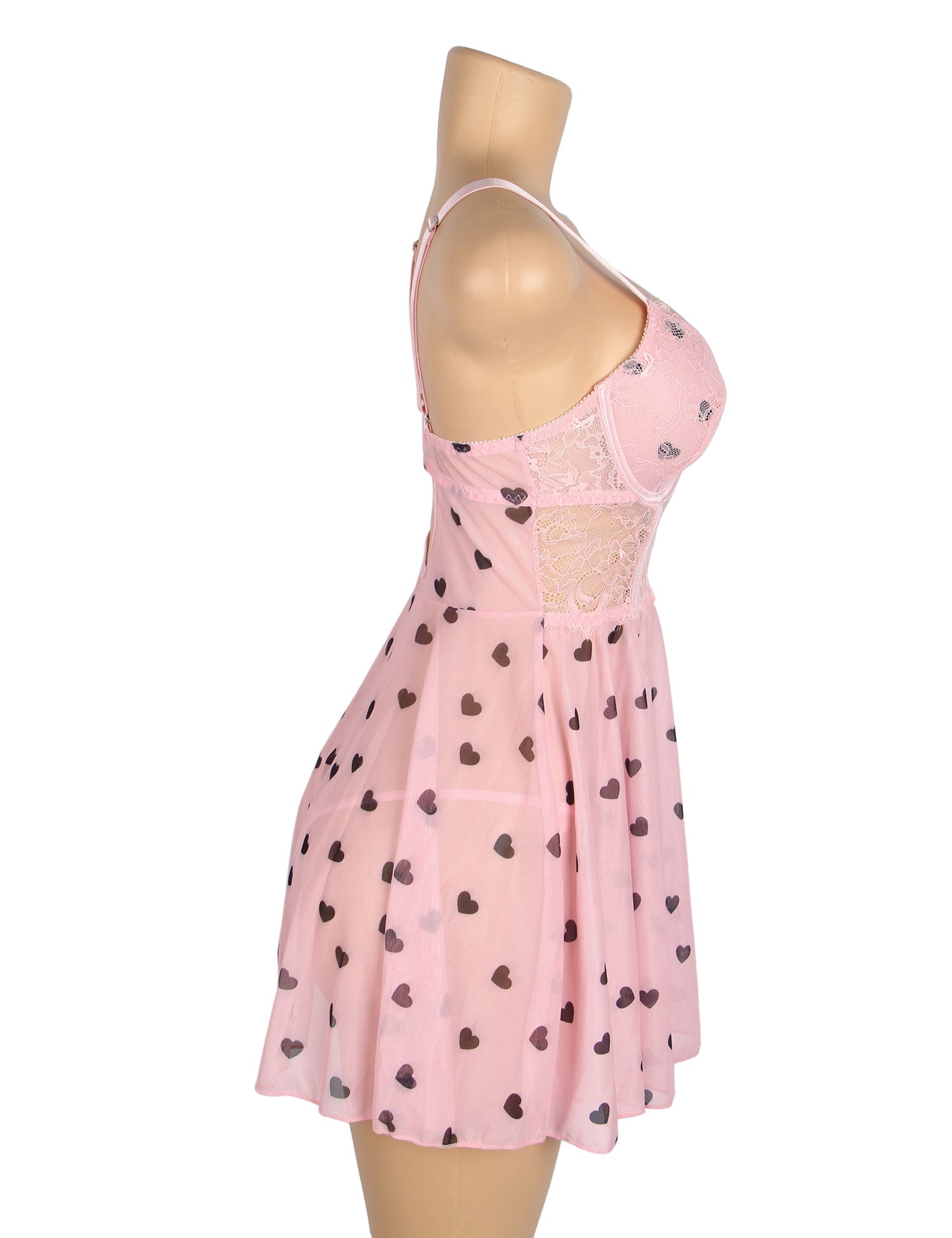 Pink Heart Print Lace Mesh Babydoll with Eyelash Lace Chest, Bow Accent & T - Pants Set - TeaseFashion