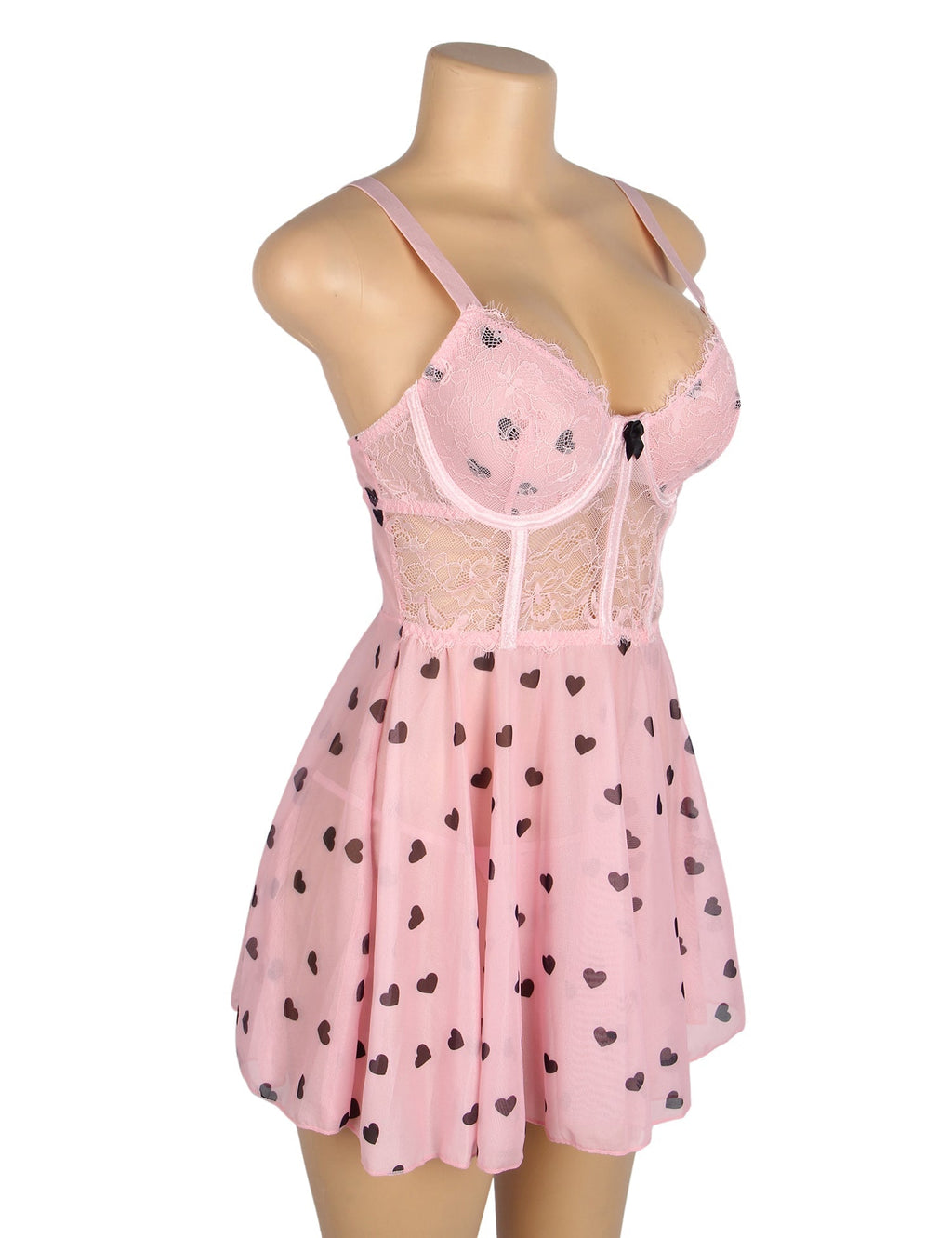 Pink Heart Print Lace Mesh Babydoll with Eyelash Lace Chest, Bow Accent & T - Pants Set - TeaseFashion