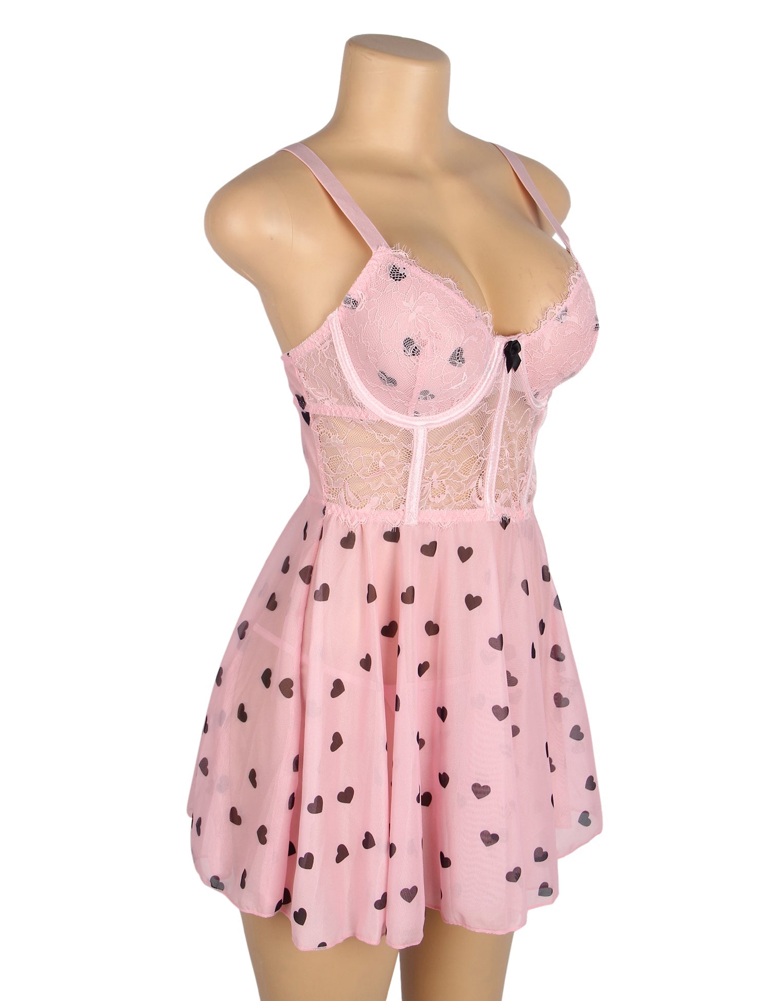 Pink Heart Print Lace Mesh Babydoll with Eyelash Lace Chest, Bow Accent & T - Pants Set - TeaseFashion