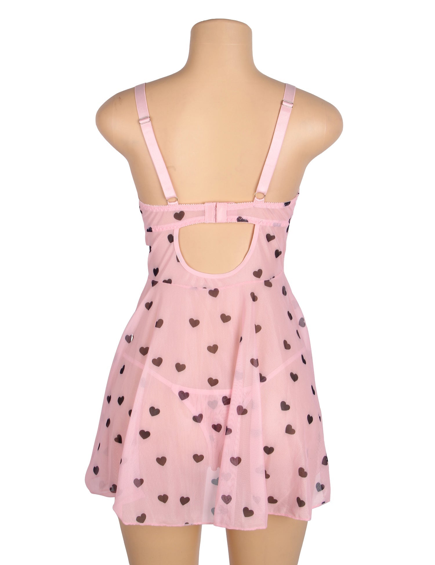 Pink Heart Print Lace Mesh Babydoll with Eyelash Lace Chest, Bow Accent & T - Pants Set - TeaseFashion