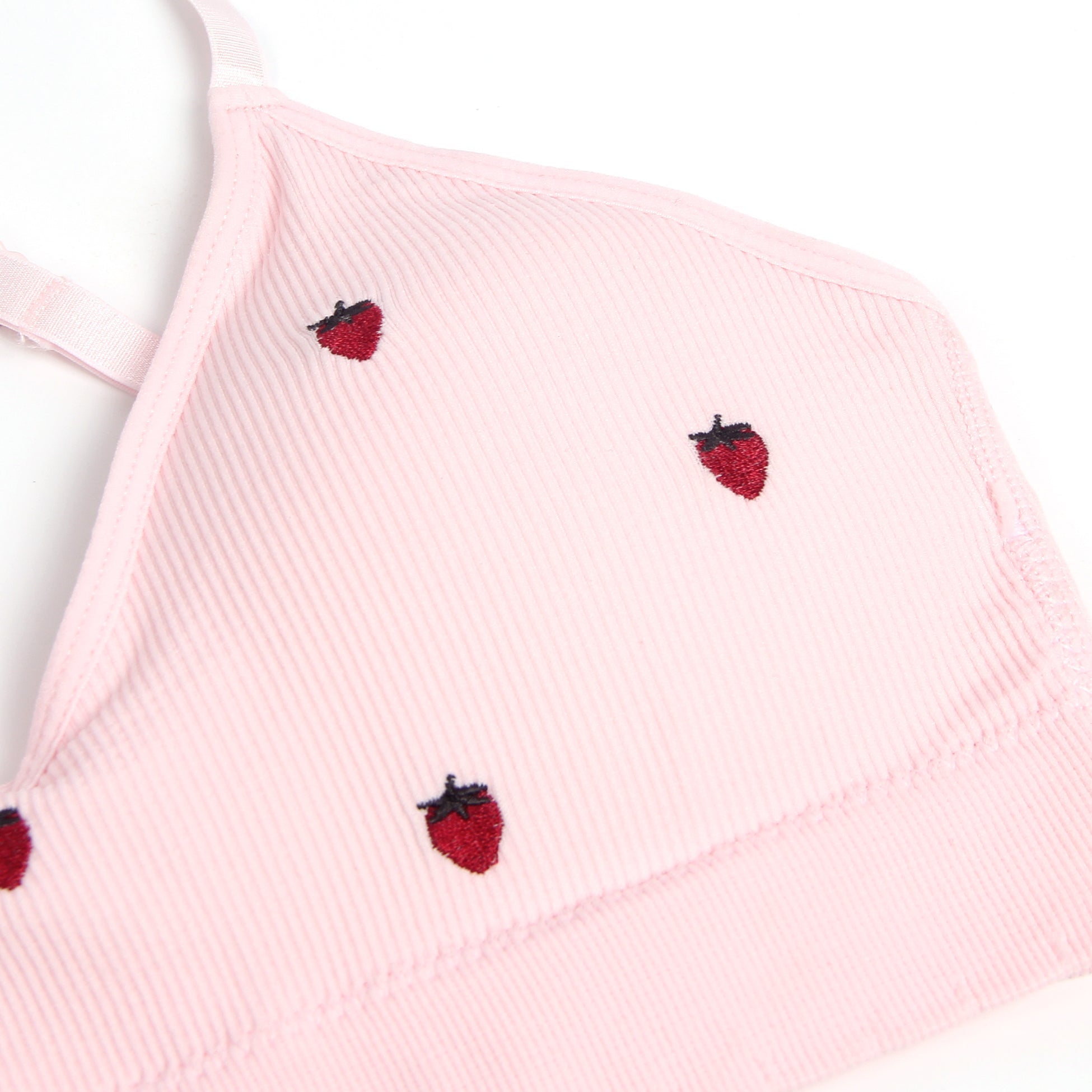 Pink Knitted Seamless Bra Set with 3D Strawberry Embroidery - TeaseFashion