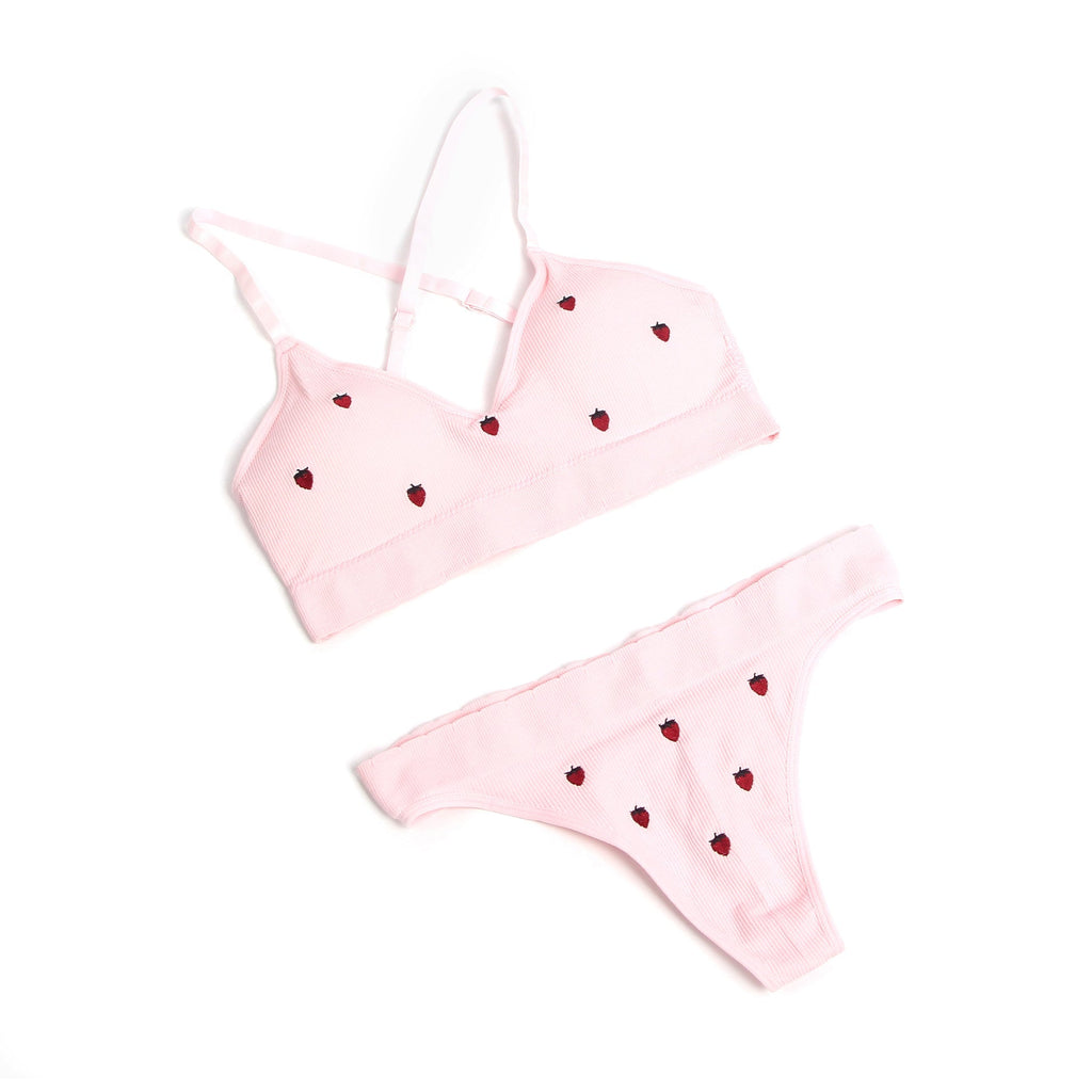 Pink Knitted Seamless Bra Set with 3D Strawberry Embroidery - TeaseFashion