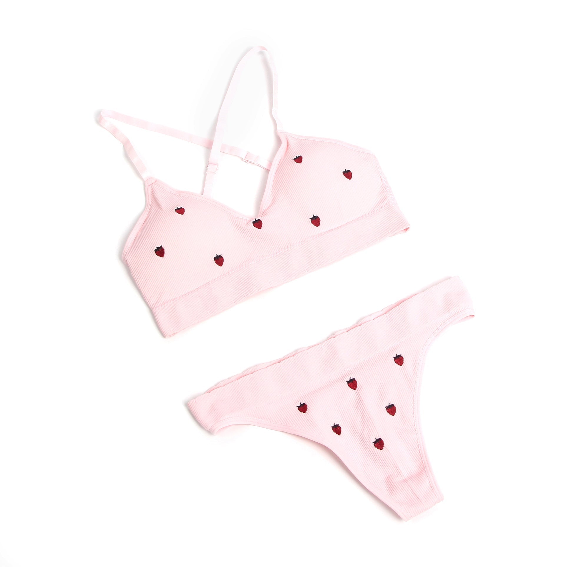 Pink Knitted Seamless Bra Set with 3D Strawberry Embroidery - TeaseFashion