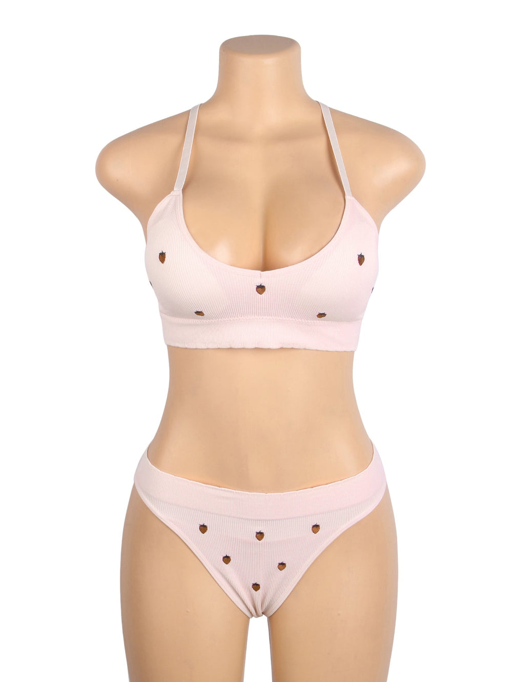 Pink Knitted Seamless Bra Set with 3D Strawberry Embroidery - TeaseFashion