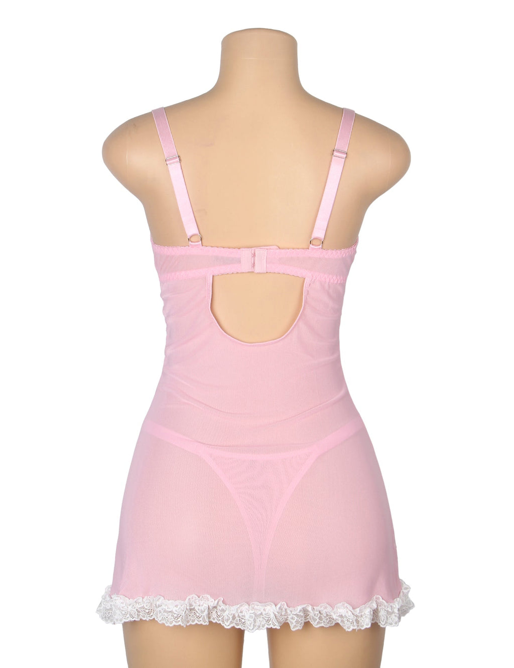 Pink Lace Babydoll with Ruffle Swing Hem, Underwire, Hollow Back, Bow Accent & Lace T - Pants Set - TeaseFashion