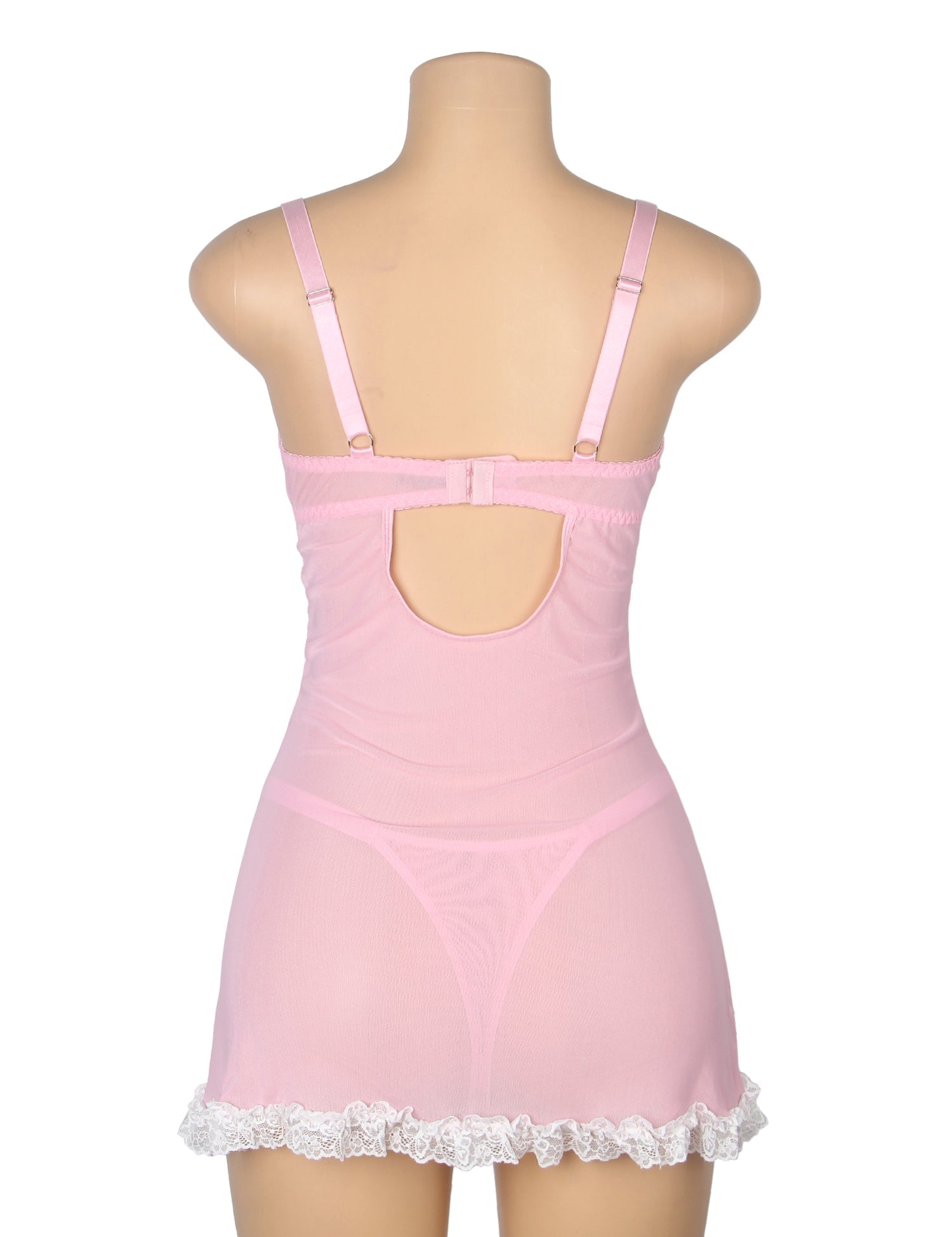 Pink Lace Babydoll with Ruffle Swing Hem, Underwire, Hollow Back, Bow Accent & Lace T - Pants Set - TeaseFashion