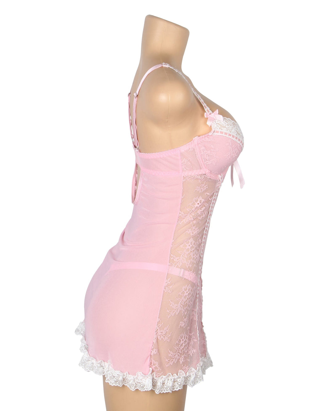 Pink Lace Babydoll with Ruffle Swing Hem, Underwire, Hollow Back, Bow Accent & Lace T - Pants Set - TeaseFashion