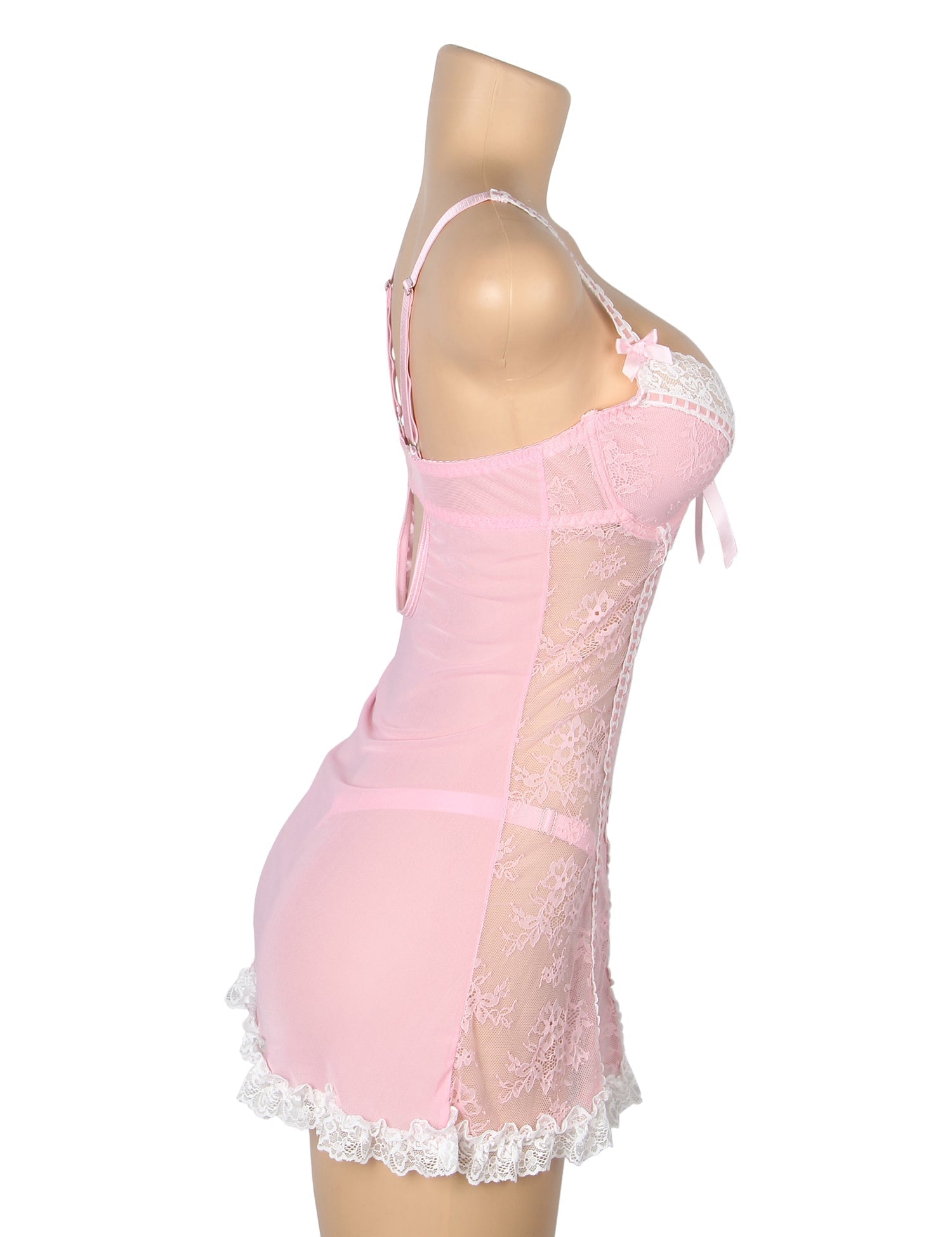 Pink Lace Babydoll with Ruffle Swing Hem, Underwire, Hollow Back, Bow Accent & Lace T - Pants Set - TeaseFashion
