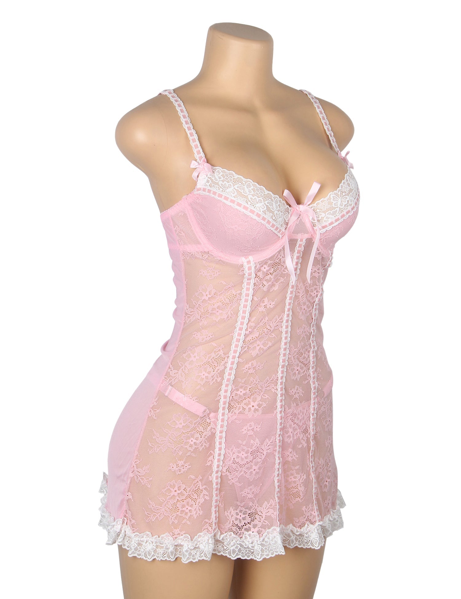 Pink Lace Babydoll with Ruffle Swing Hem, Underwire, Hollow Back, Bow Accent & Lace T - Pants Set - TeaseFashion