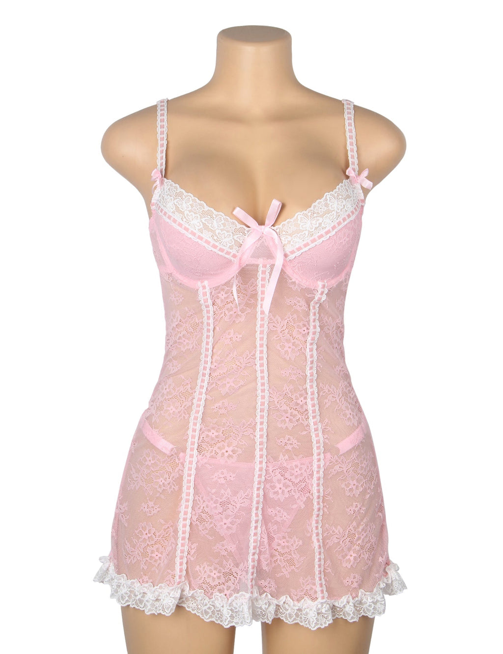 Pink Lace Babydoll with Ruffle Swing Hem, Underwire, Hollow Back, Bow Accent & Lace T - Pants Set - TeaseFashion