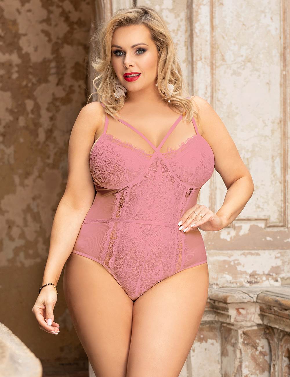 Pink Lace & Mesh Bodysuit – Eyelash Lace Cups, Hollow - Out Bra Detail, Adjustable Crotch & Straps - TeaseFashion