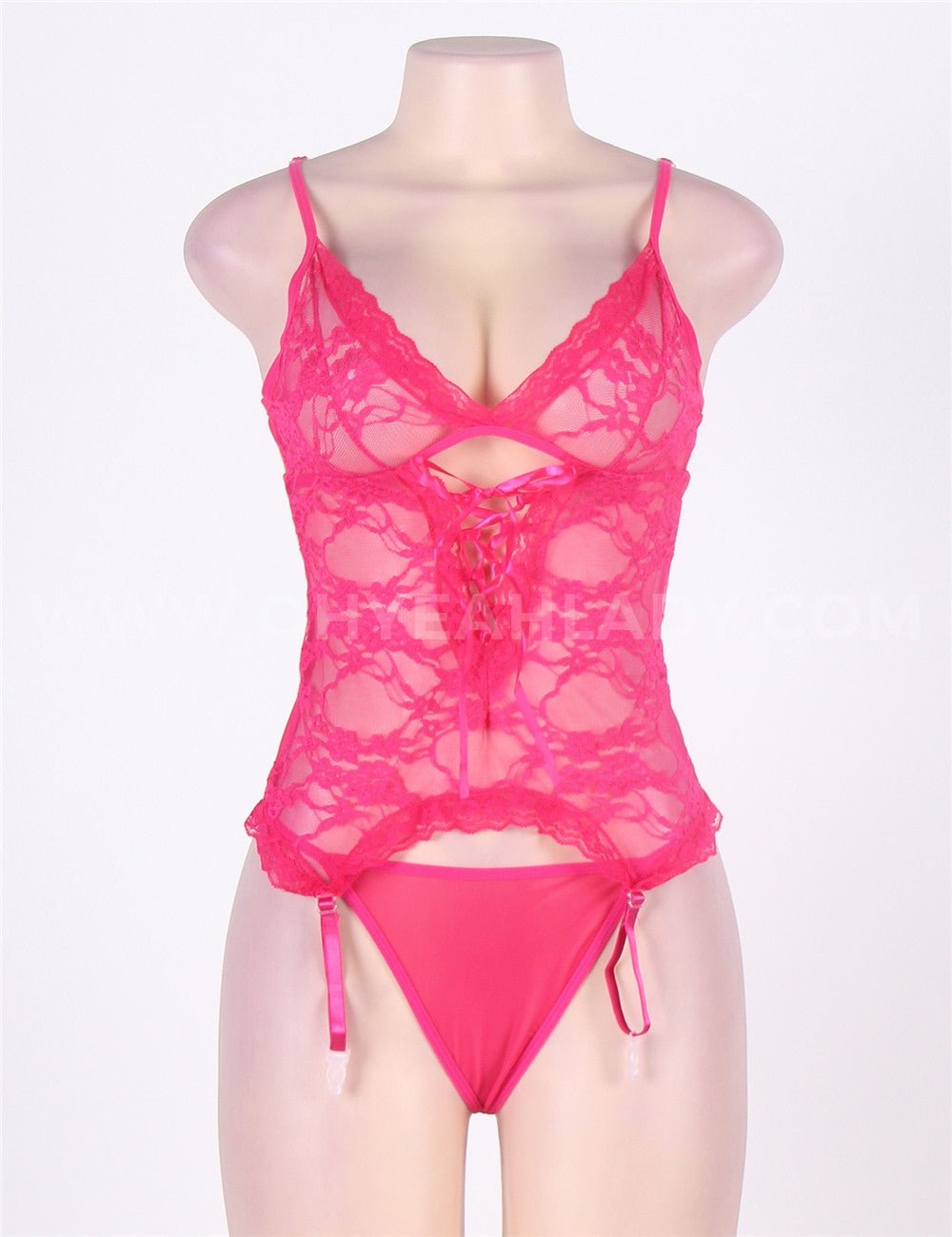 Pink Lace Mesh Garter Lingerie Set – Front Hollow - Out, Adjustable Straps, Button Back, Thong & Handcuffs Included - TeaseFashion