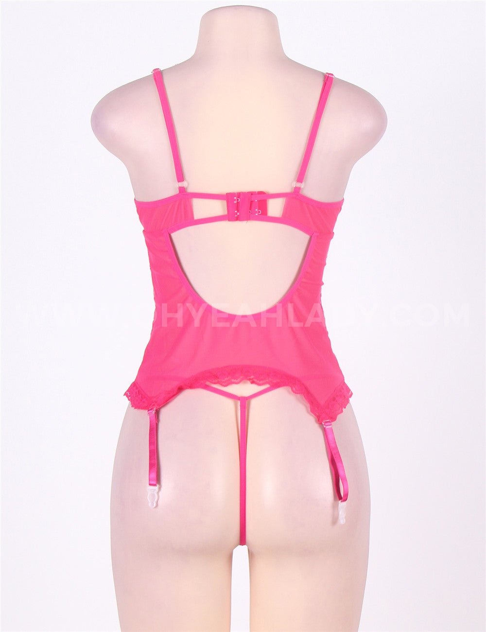 Pink Lace Mesh Garter Lingerie Set – Front Hollow - Out, Adjustable Straps, Button Back, Thong & Handcuffs Included - TeaseFashion