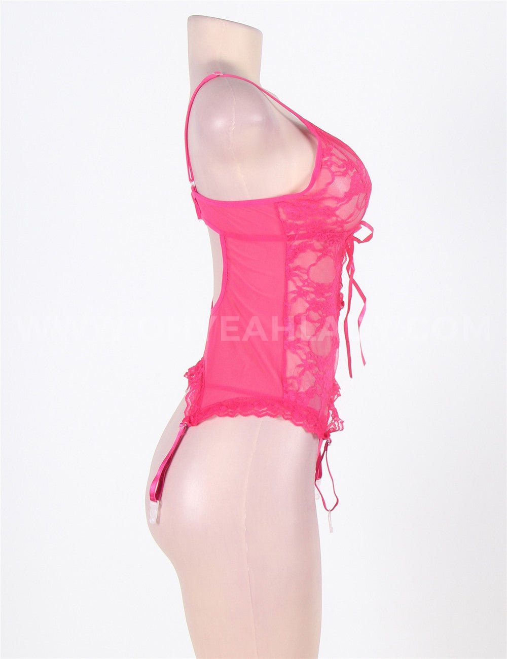Pink Lace Mesh Garter Lingerie Set – Front Hollow - Out, Adjustable Straps, Button Back, Thong & Handcuffs Included - TeaseFashion