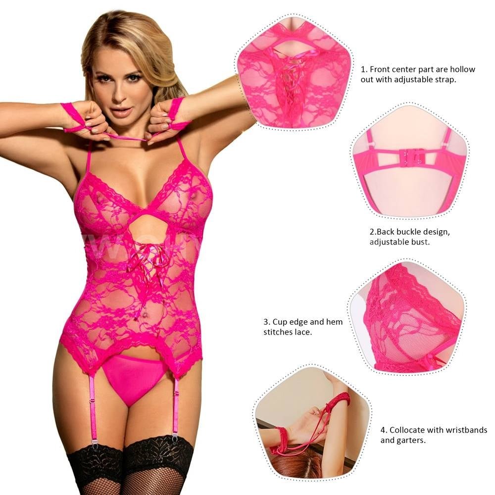Pink Lace Mesh Garter Lingerie Set – Front Hollow - Out, Adjustable Straps, Button Back, Thong & Handcuffs Included - TeaseFashion