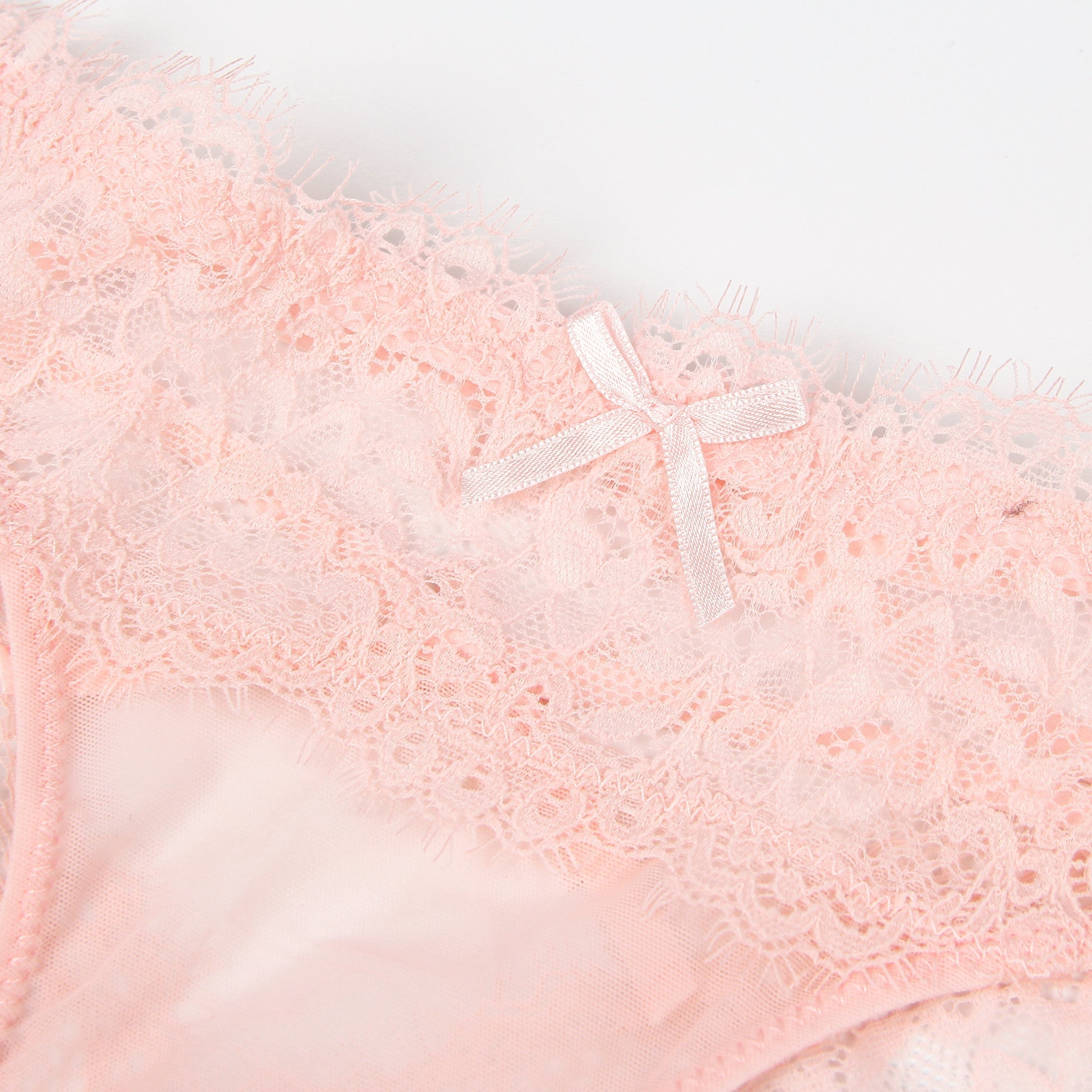 Pink Lace & Mesh Panty – V - Back with Cross - Stitch & Bow Detail - TeaseFashion
