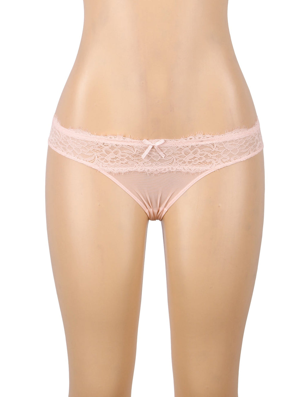 Pink Lace & Mesh Panty – V - Back with Cross - Stitch & Bow Detail - TeaseFashion