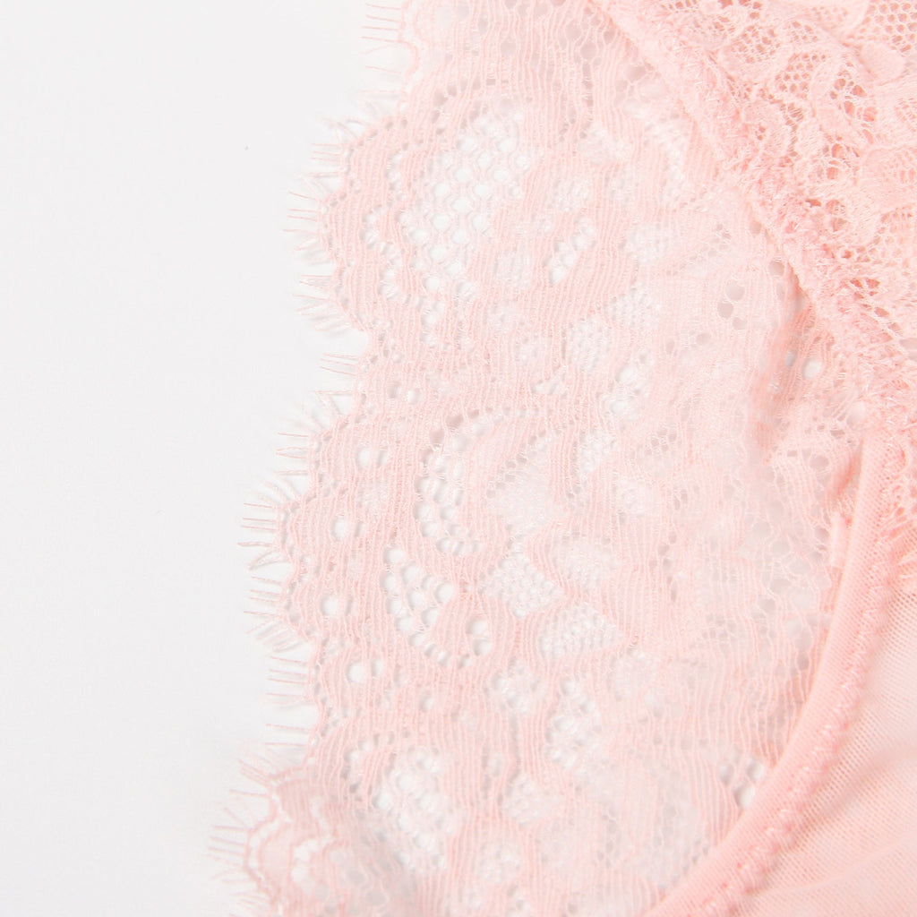 Pink Lace & Mesh Panty – V - Back with Cross - Stitch & Bow Detail - TeaseFashion