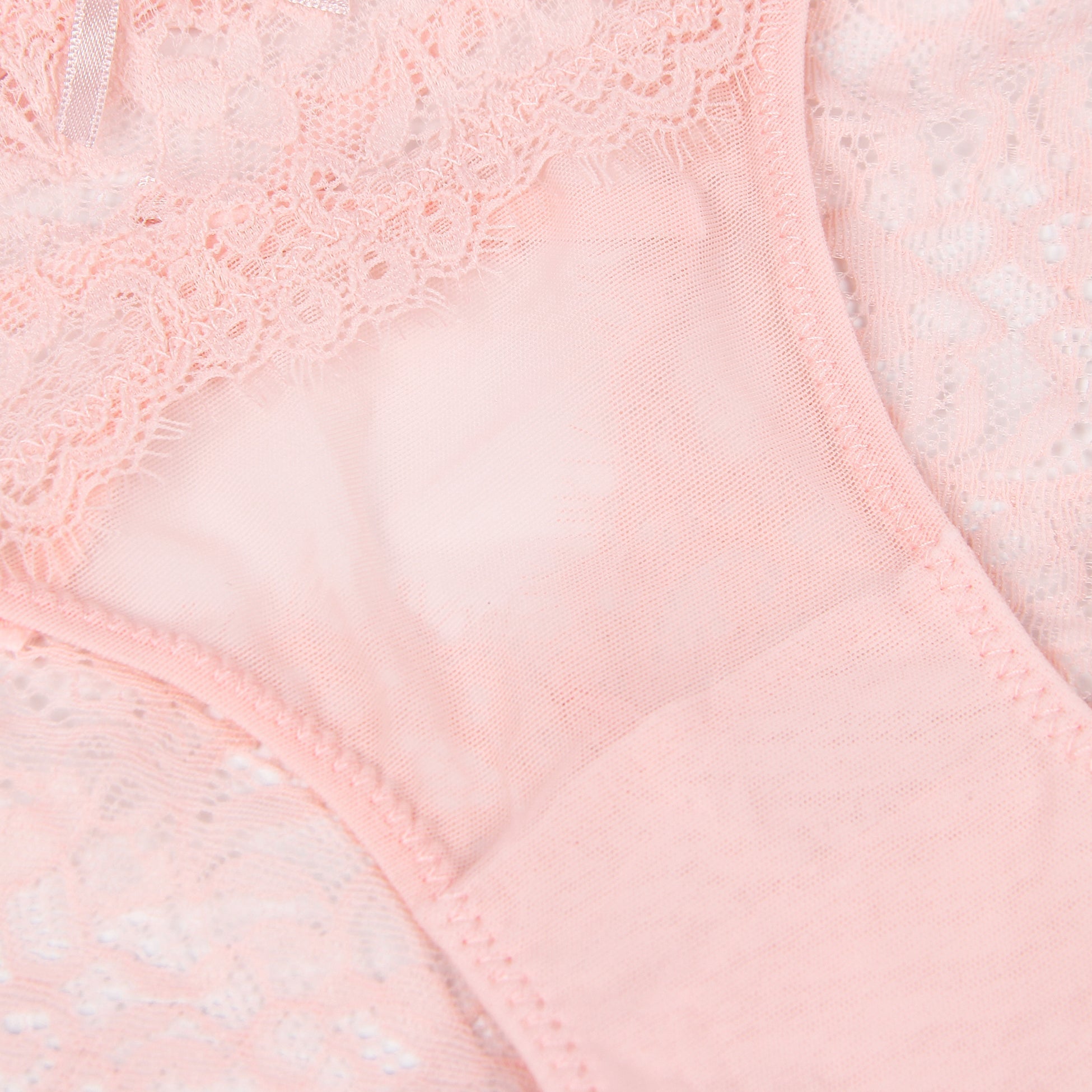 Pink Lace & Mesh Panty – V - Back with Cross - Stitch & Bow Detail - TeaseFashion