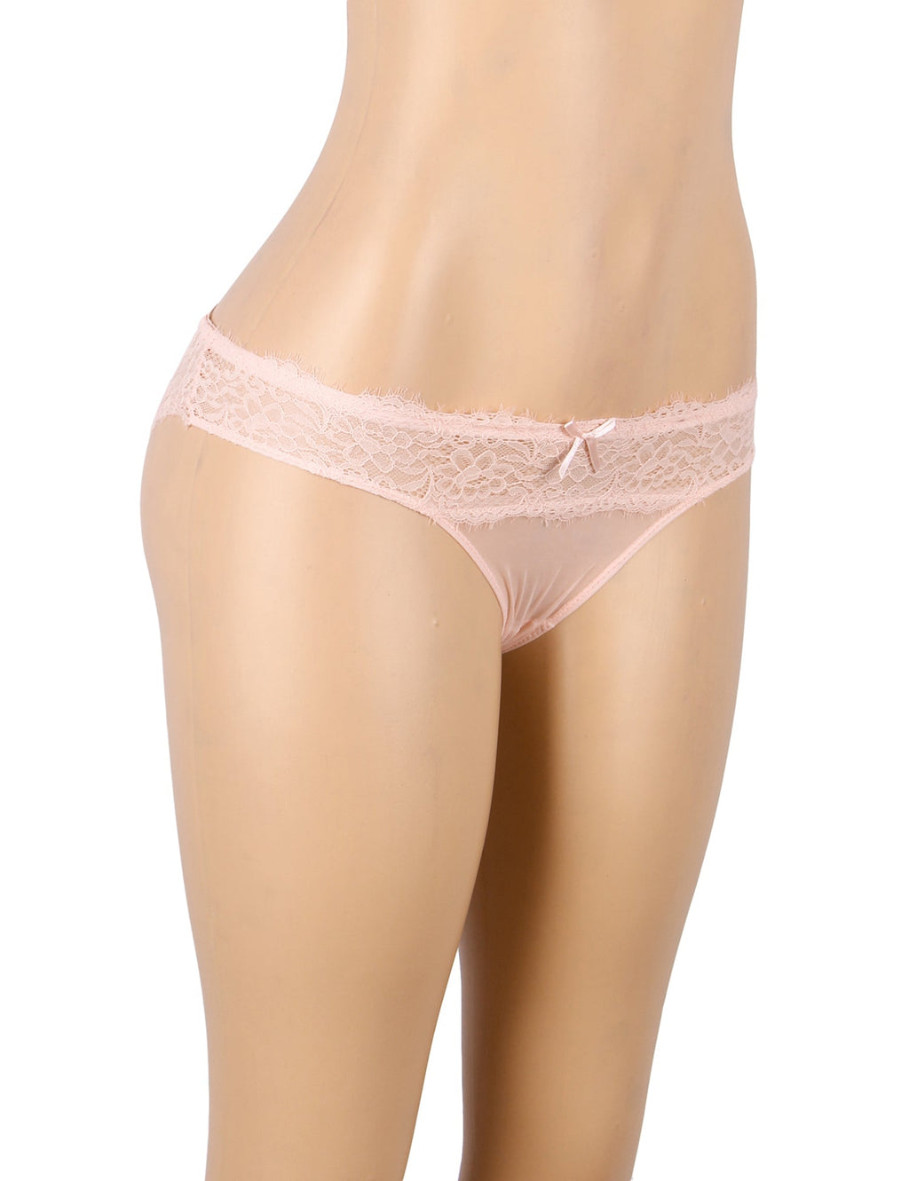 Pink Lace & Mesh Panty – V - Back with Cross - Stitch & Bow Detail - TeaseFashion